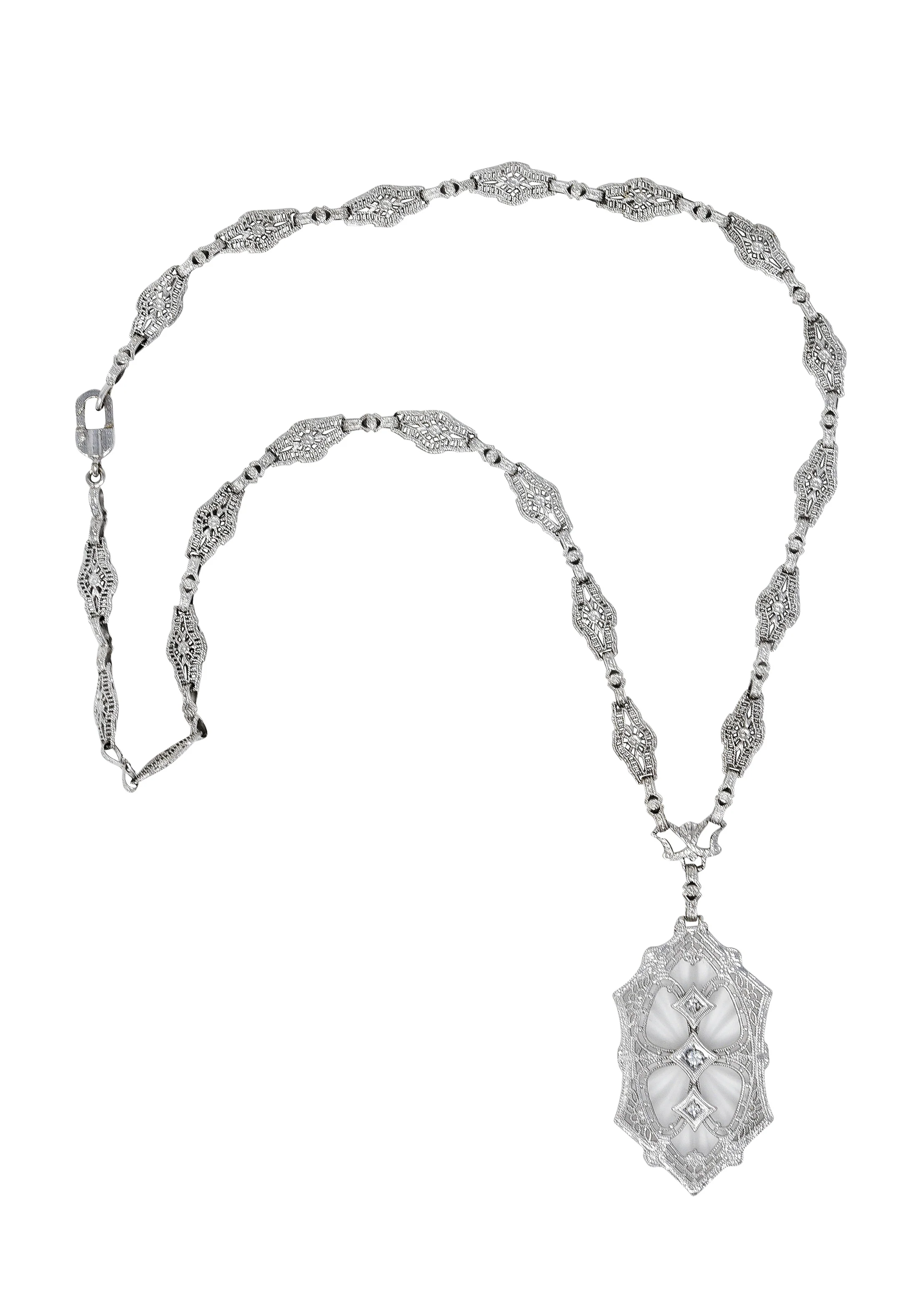 1920's Art Deco Camphor Glass Diamond 14 Karat White Gold Drop Necklace - Image 2