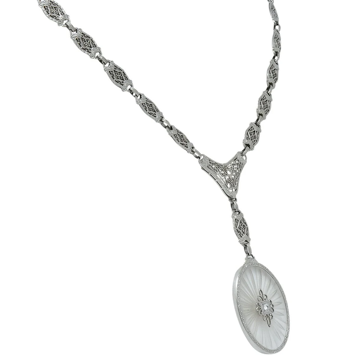 1920s Art Deco Camphor Glass Diamond 14 Karat White Gold Drop Necklace - Image 3