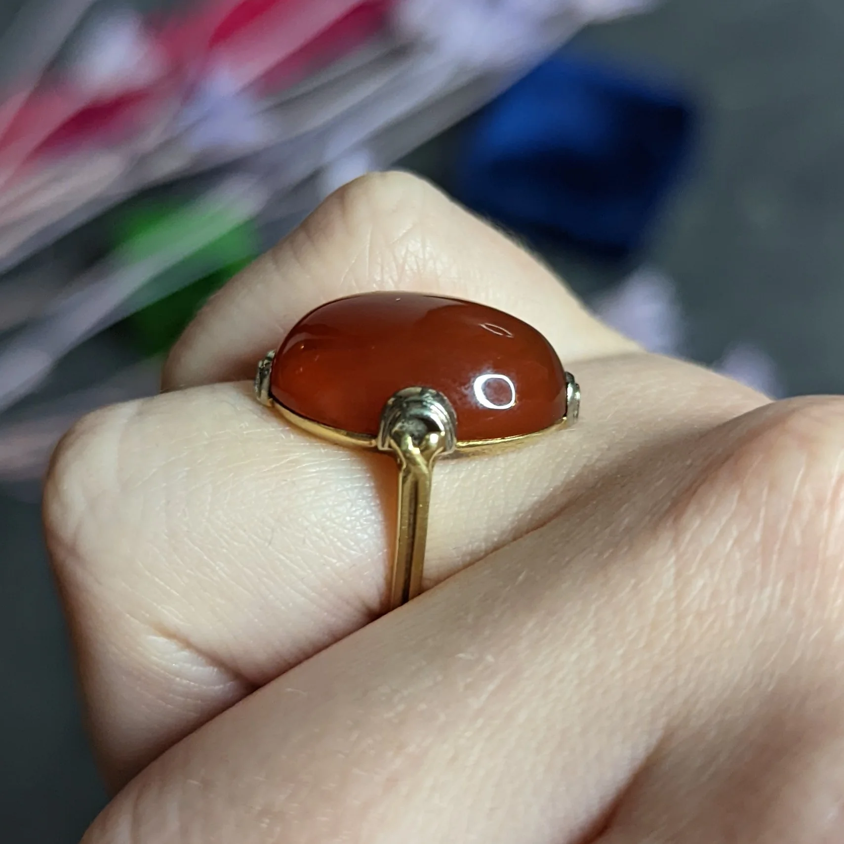 1920's Art Deco Carnelian Cabochon 14 Karat Two-Tone Gold Ring - Image 11