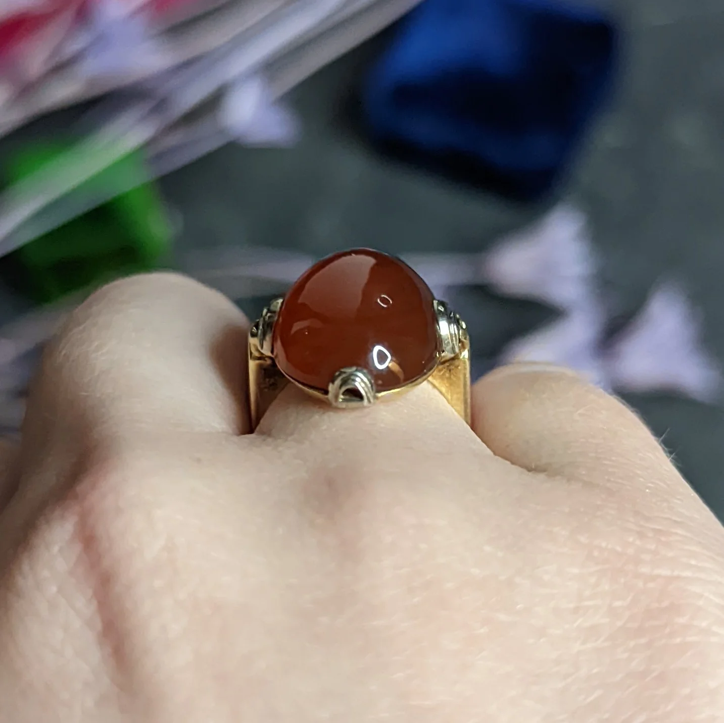 1920's Art Deco Carnelian Cabochon 14 Karat Two-Tone Gold Ring - Image 12
