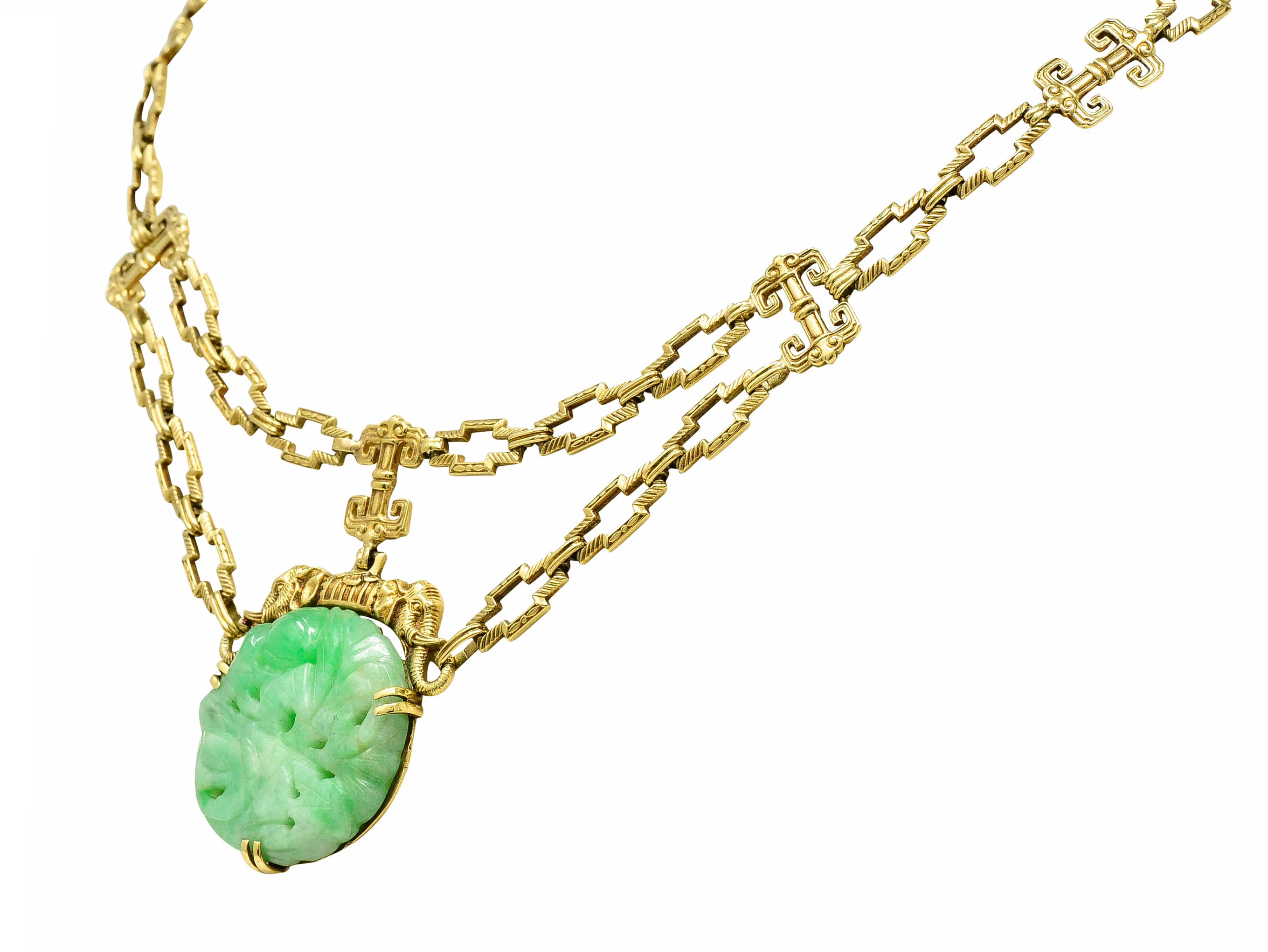 1920's Art Deco Carved Jade 14 Karat Gold Swag Necklace - Image 5