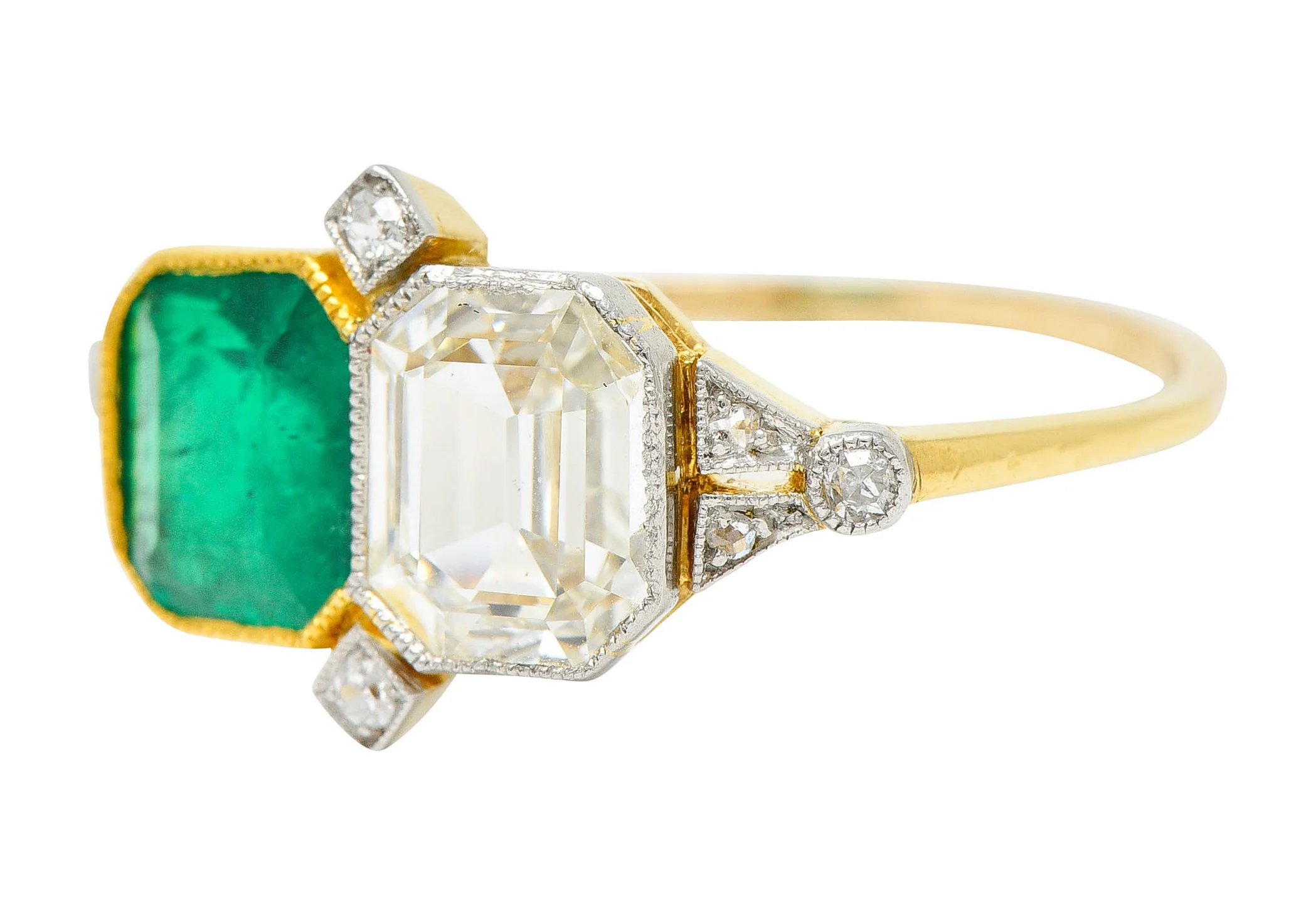 1920's Art Deco Diamond Emerald Platinum-Topped 18 Karat Gold Double Ring - Image 6