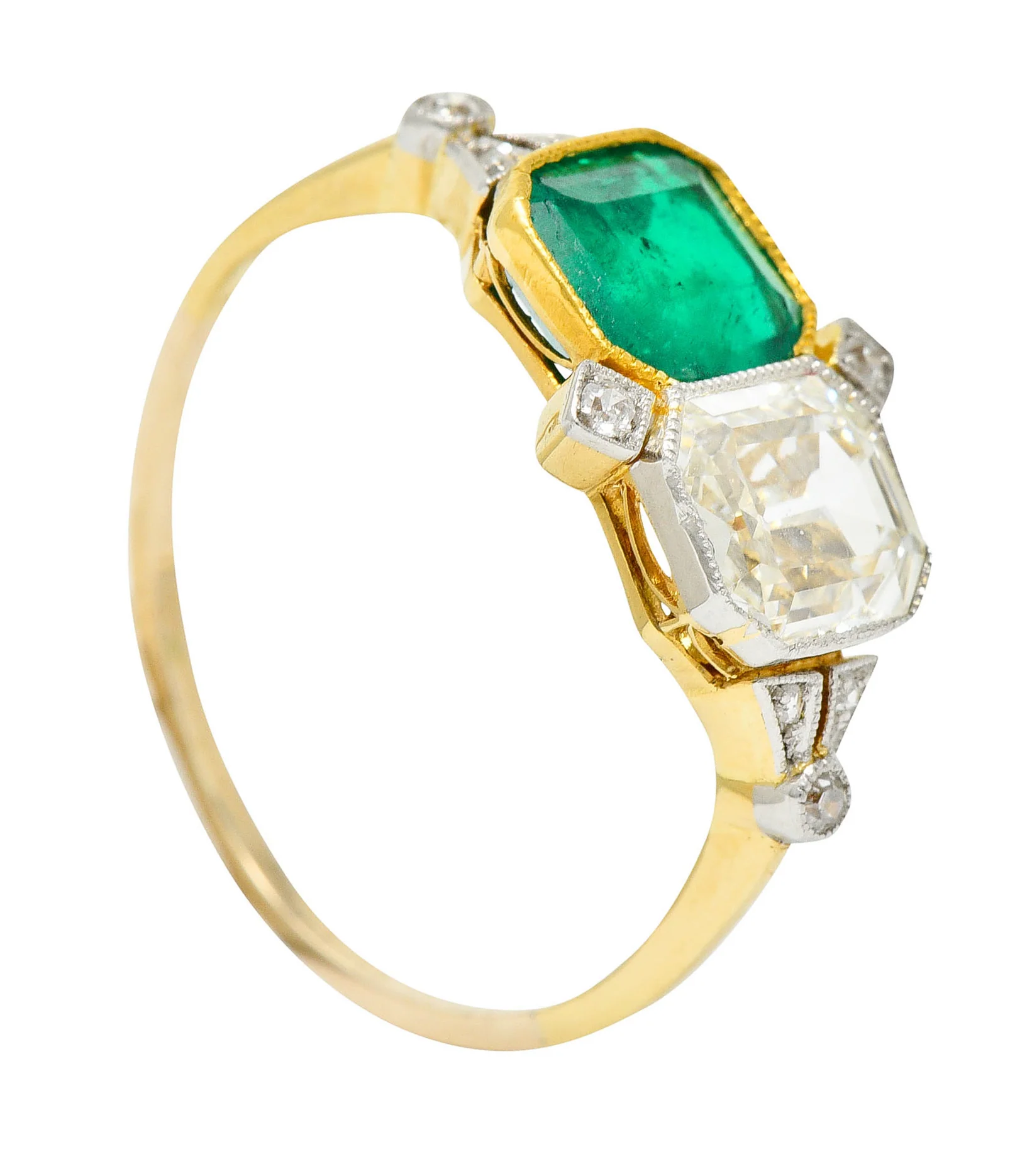 1920's Art Deco Diamond Emerald Platinum-Topped 18 Karat Gold Double Ring - Image 9