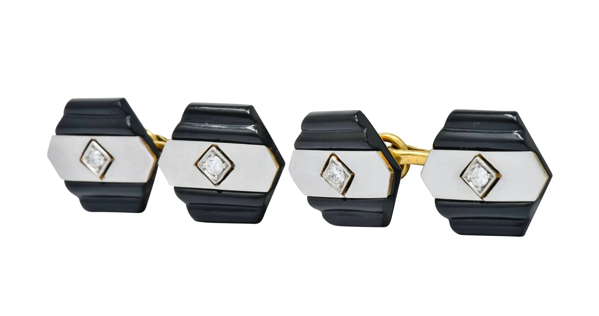 1920's Art Deco Diamond Onyx Platinum 18 Karat Gold Men's Cufflinks - Image 2