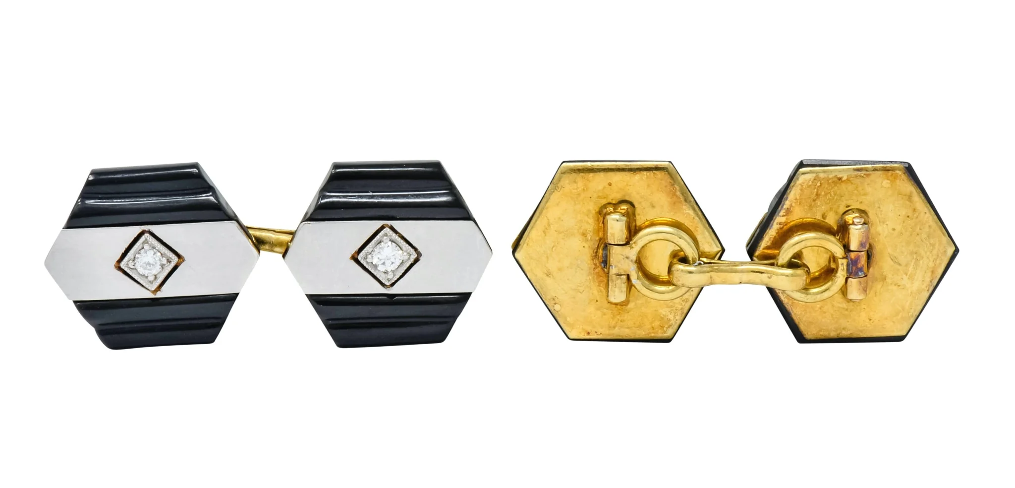 1920's Art Deco Diamond Onyx Platinum 18 Karat Gold Men's Cufflinks - Image 6