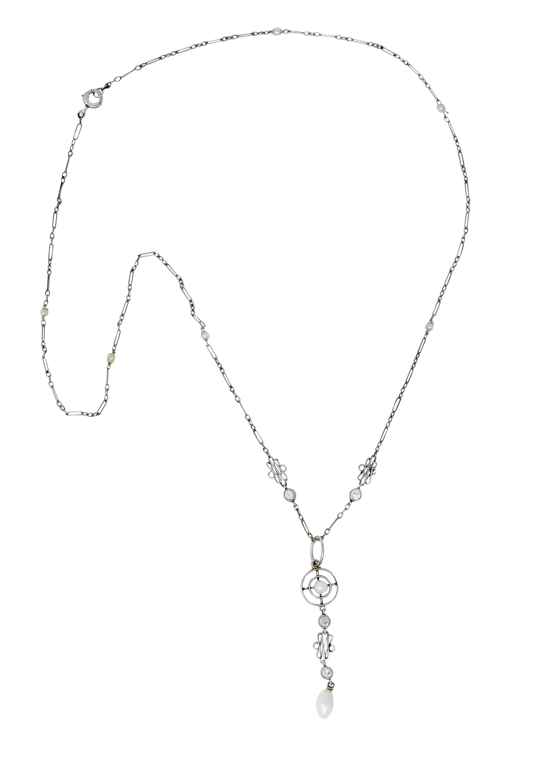 1920's Art Deco Diamond Pearl Platinum Pendant Necklace - Image 2