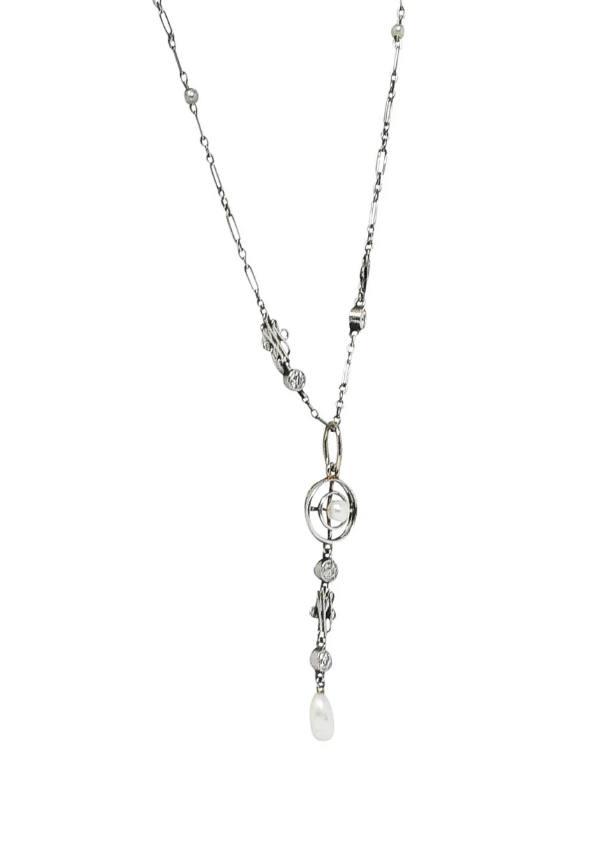 1920's Art Deco Diamond Pearl Platinum Pendant Necklace - Image 3