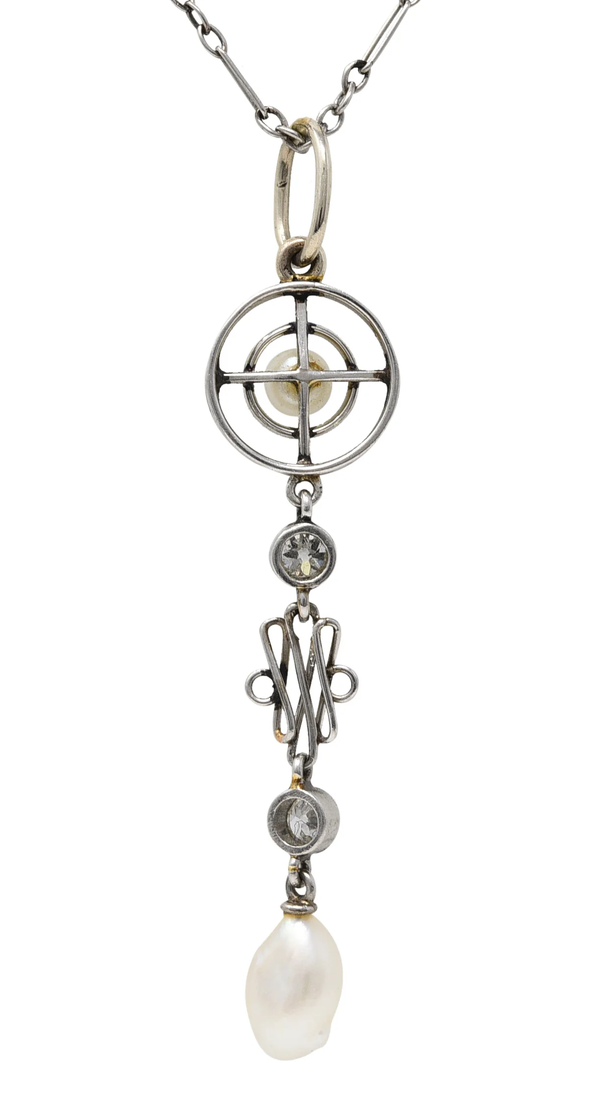 1920's Art Deco Diamond Pearl Platinum Pendant Necklace - Image 4