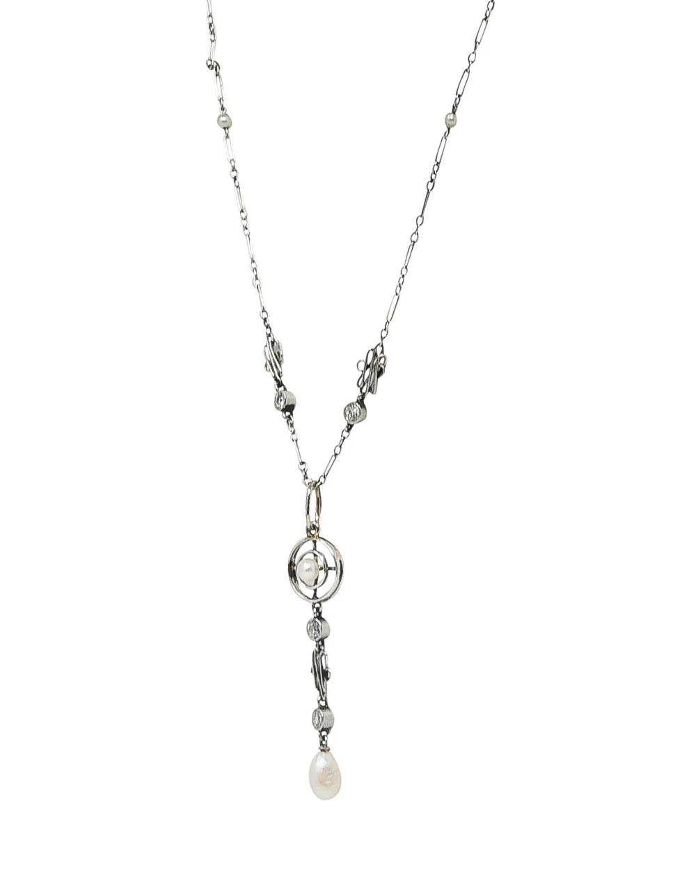 1920's Art Deco Diamond Pearl Platinum Pendant Necklace - Image 5