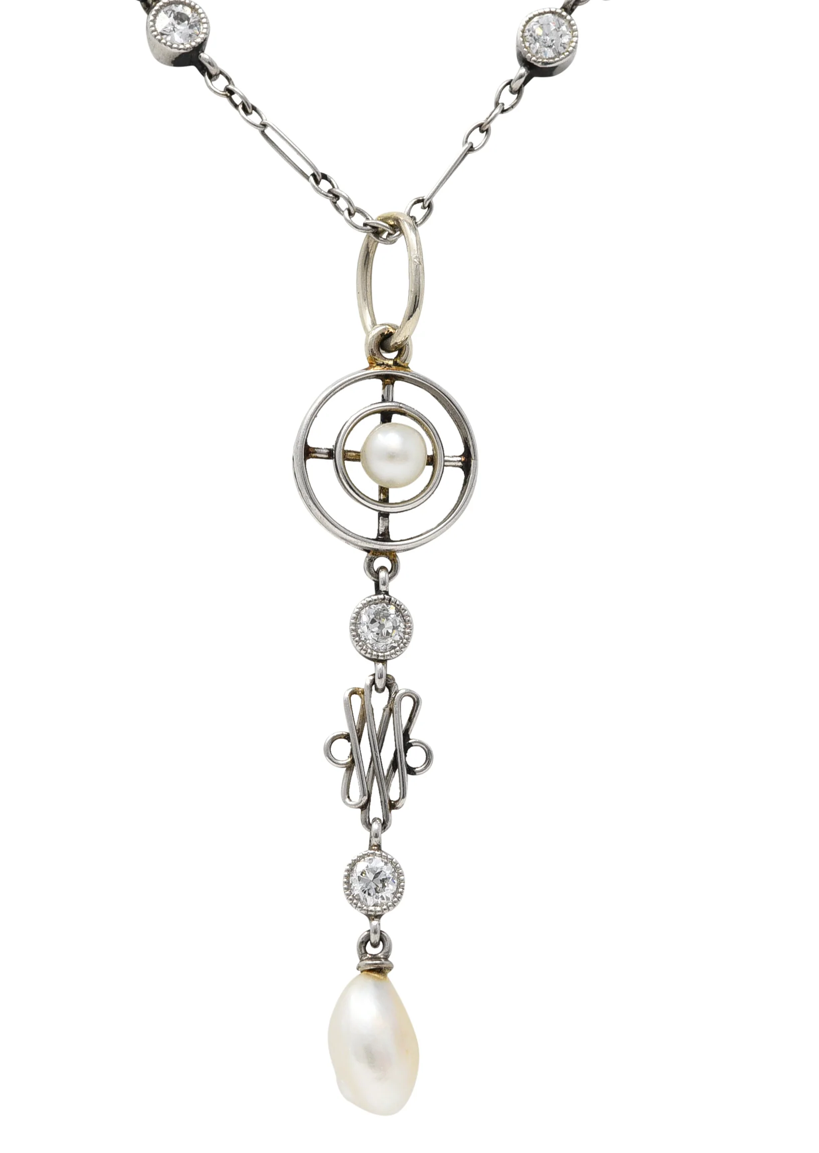 1920's Art Deco Diamond Pearl Platinum Pendant Necklace - Image 8