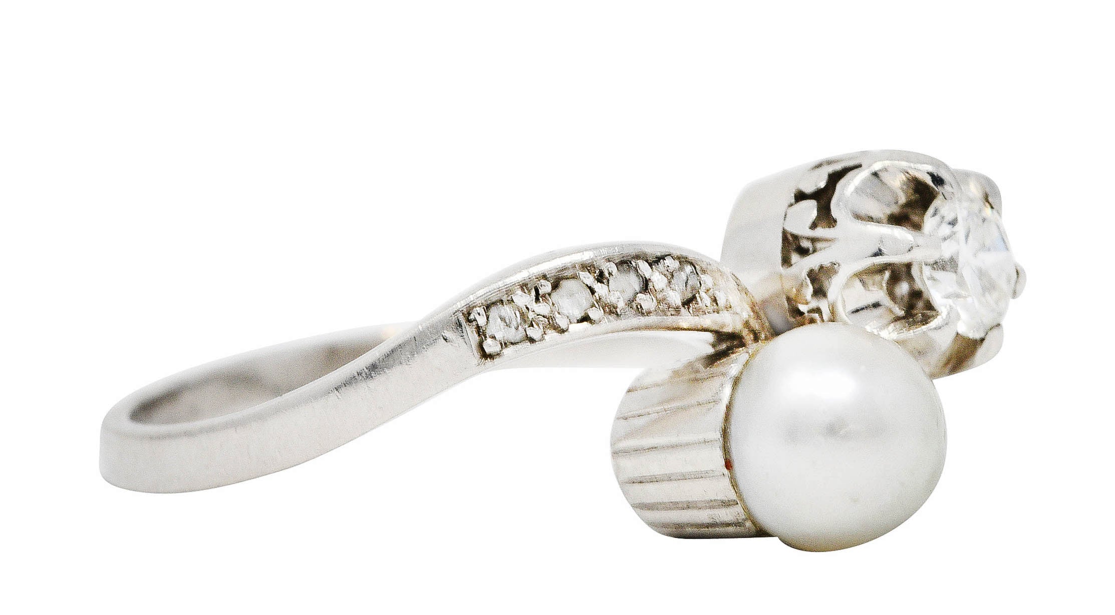 1920's Art Deco Diamond Pearl Platinum Toi Et Moi Bypass Ring - Image 2