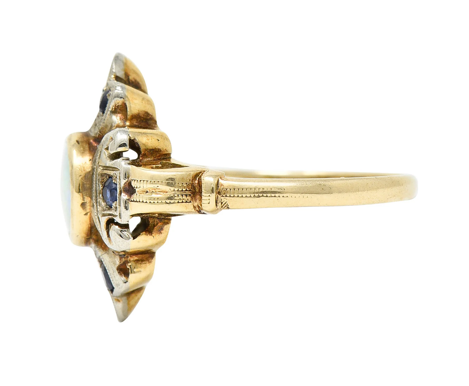 1920's Art Deco Opal Sapphire 10 Karat Two-Tone Gold Cluster Ring - Image 5