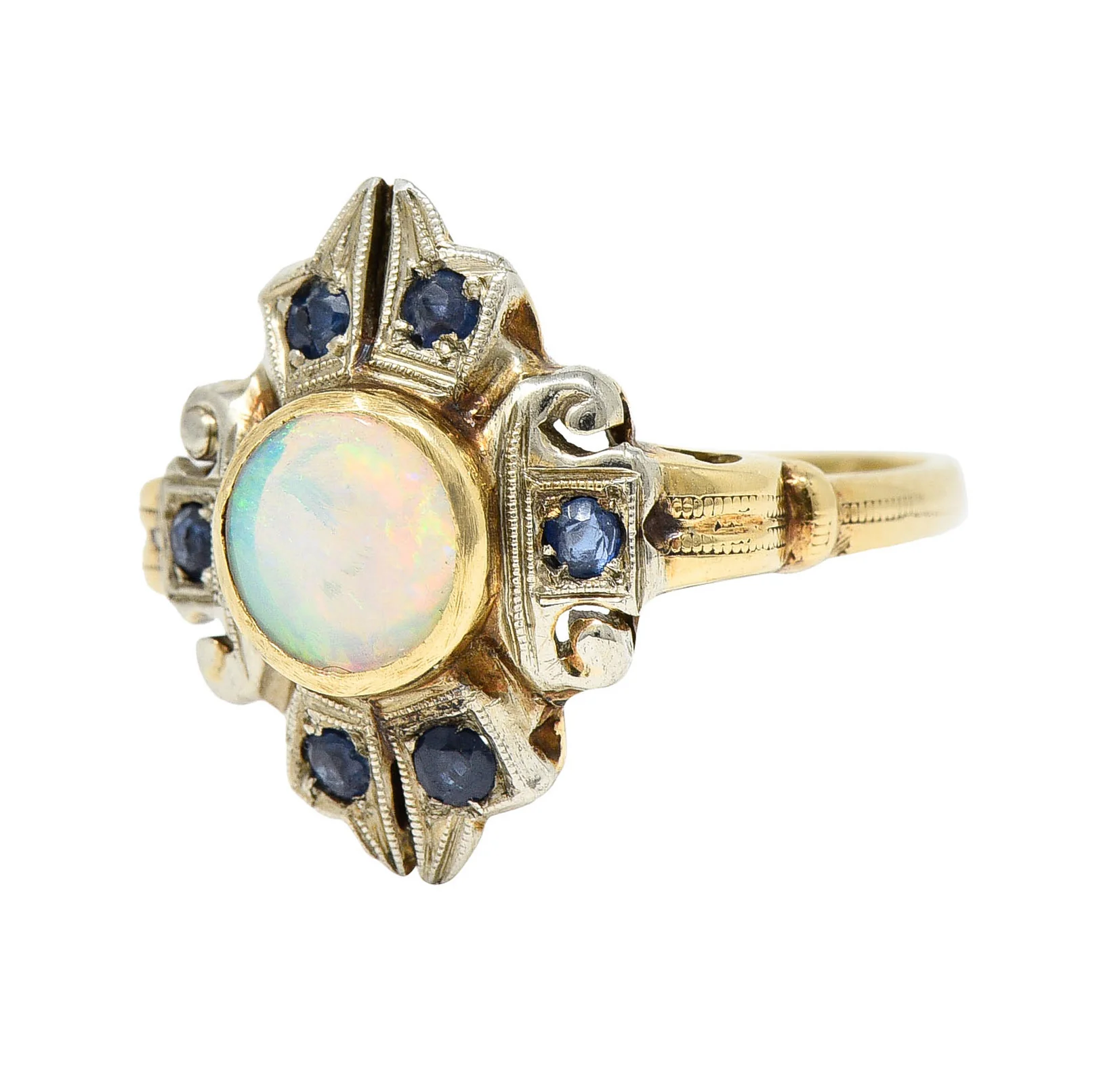 1920's Art Deco Opal Sapphire 10 Karat Two-Tone Gold Cluster Ring - Image 6