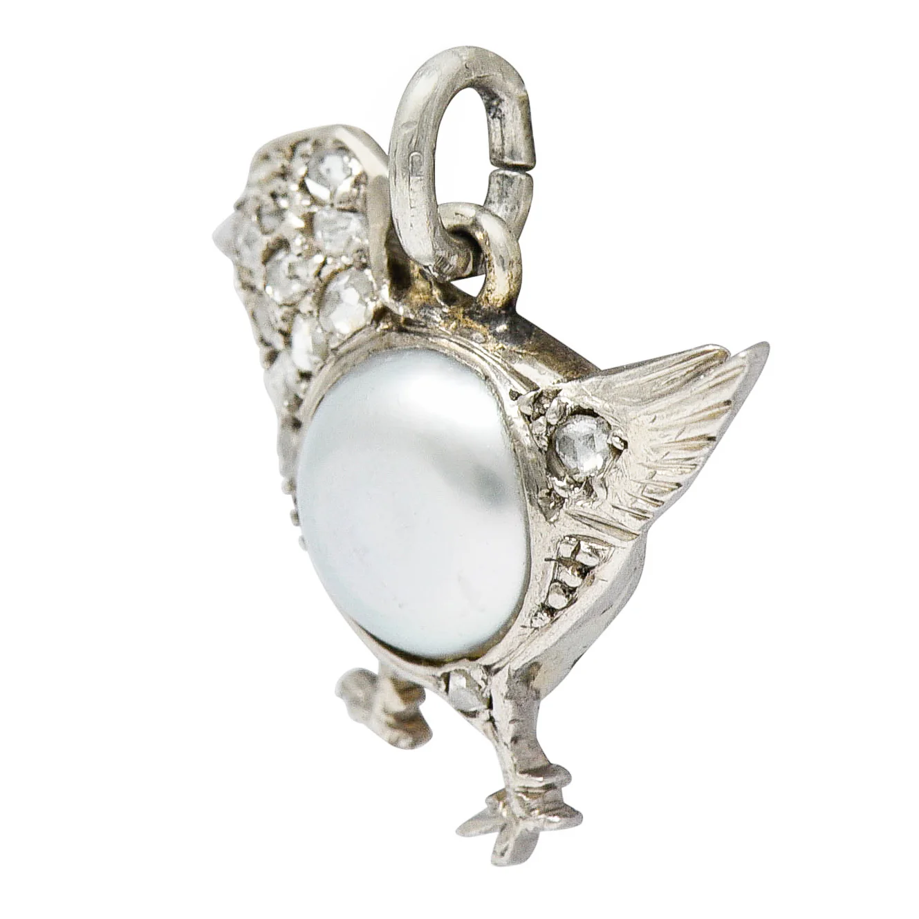 1920's Art Deco Pave Diamond Pearl Platinum Chick Charm - Image 2