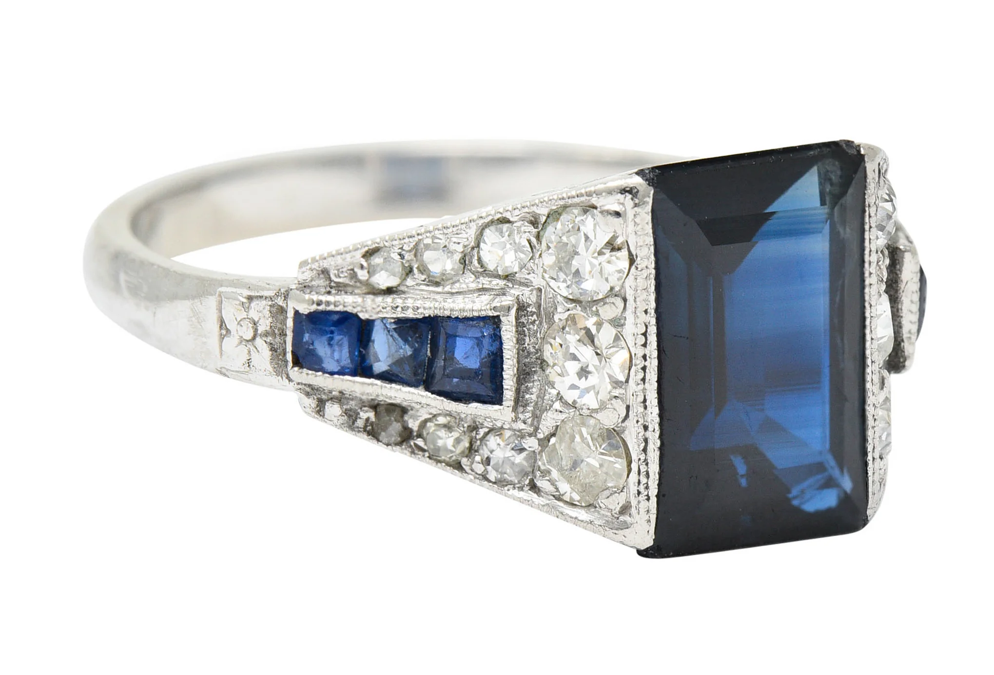 1920's Art Deco Sapphire Diamond Platinum Band Ring - Image 3