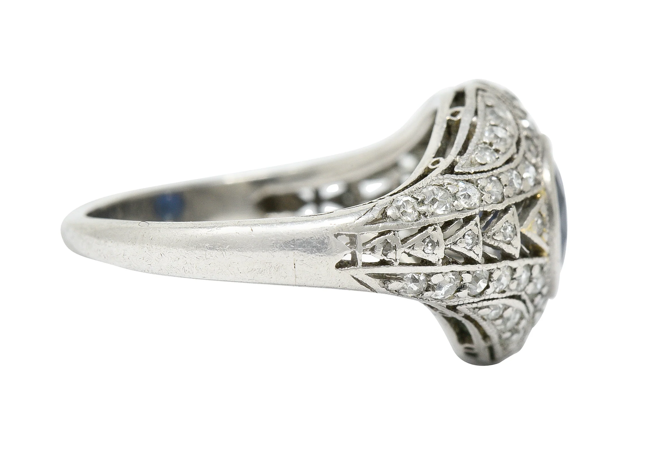 1920's Art Deco Sapphire Diamond Platinum Bombe Band Ring - Image 3