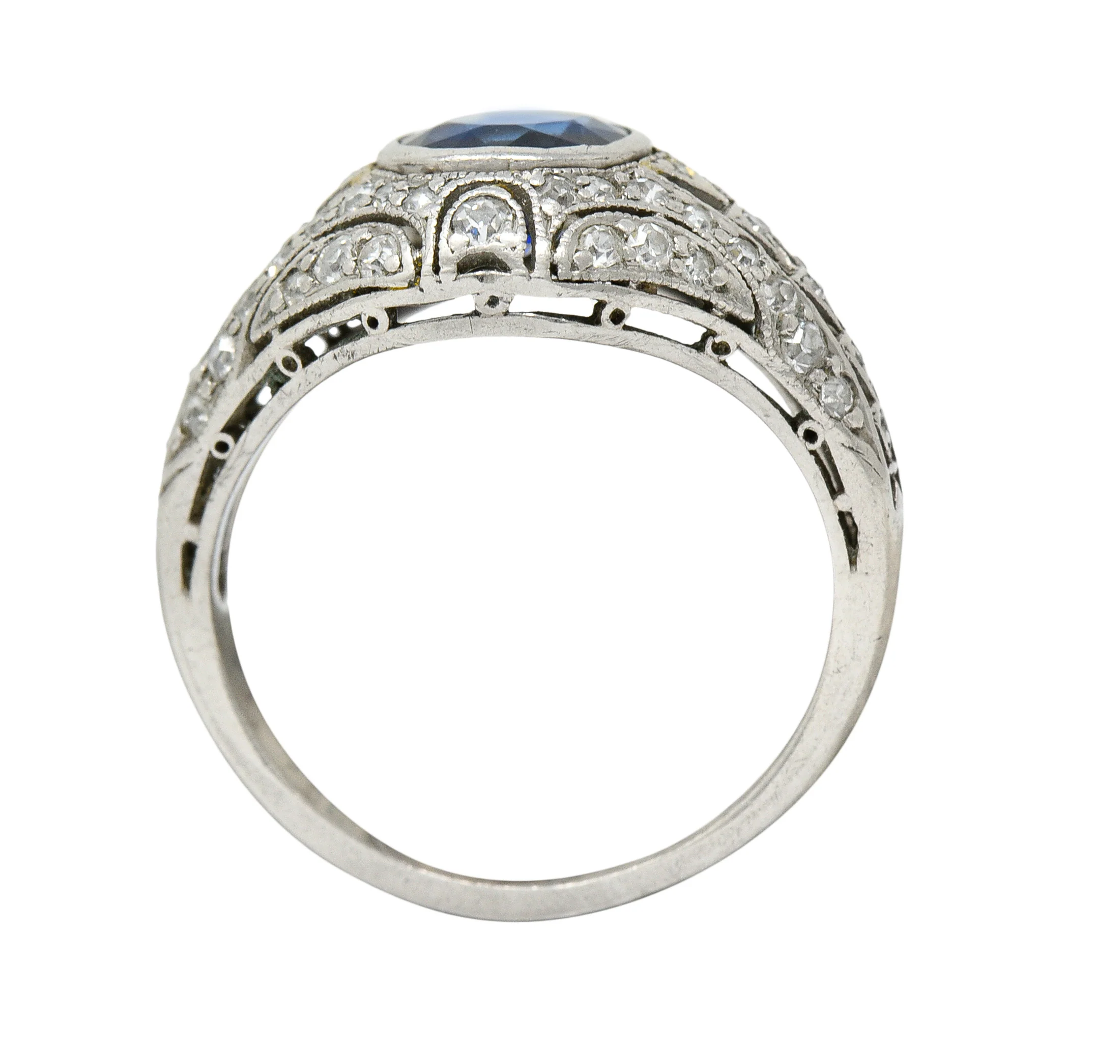1920's Art Deco Sapphire Diamond Platinum Bombe Band Ring - Image 7