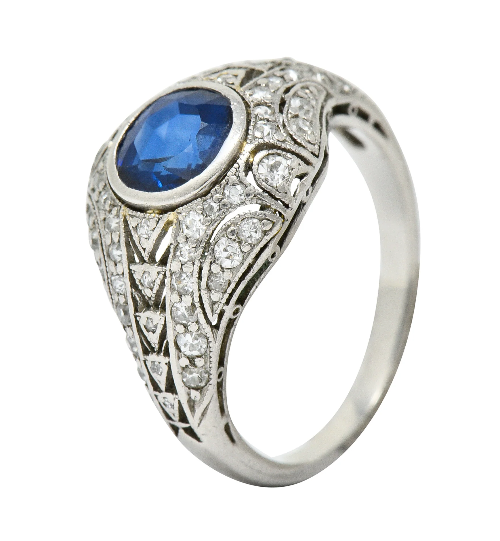 1920's Art Deco Sapphire Diamond Platinum Bombe Band Ring - Image 9