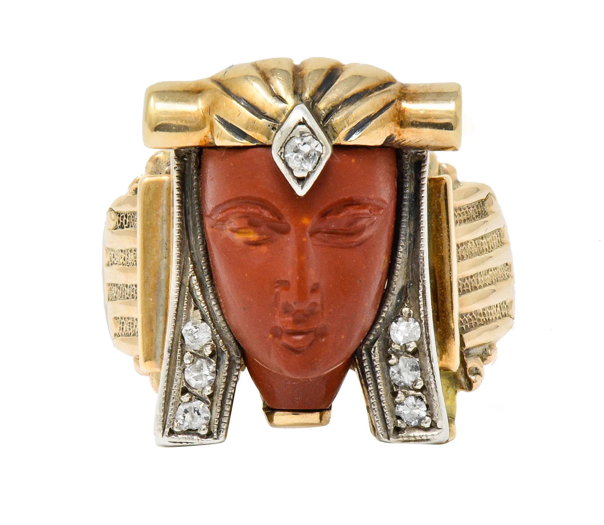 1920's Egyptian Revival Diamond Jasper Platinum-Topped 14 Karat Gold Pharaoh Ring