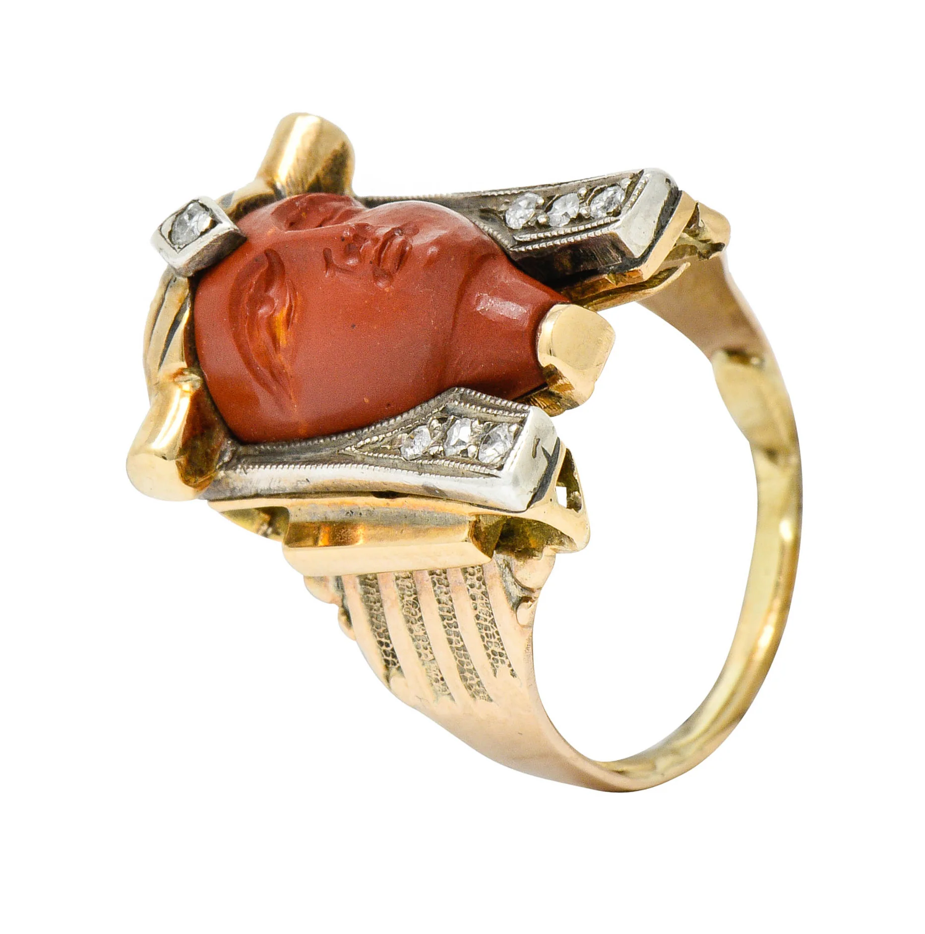 1920's Egyptian Revival Diamond Jasper Platinum-Topped 14 Karat Gold Pharaoh Ring - Image 2