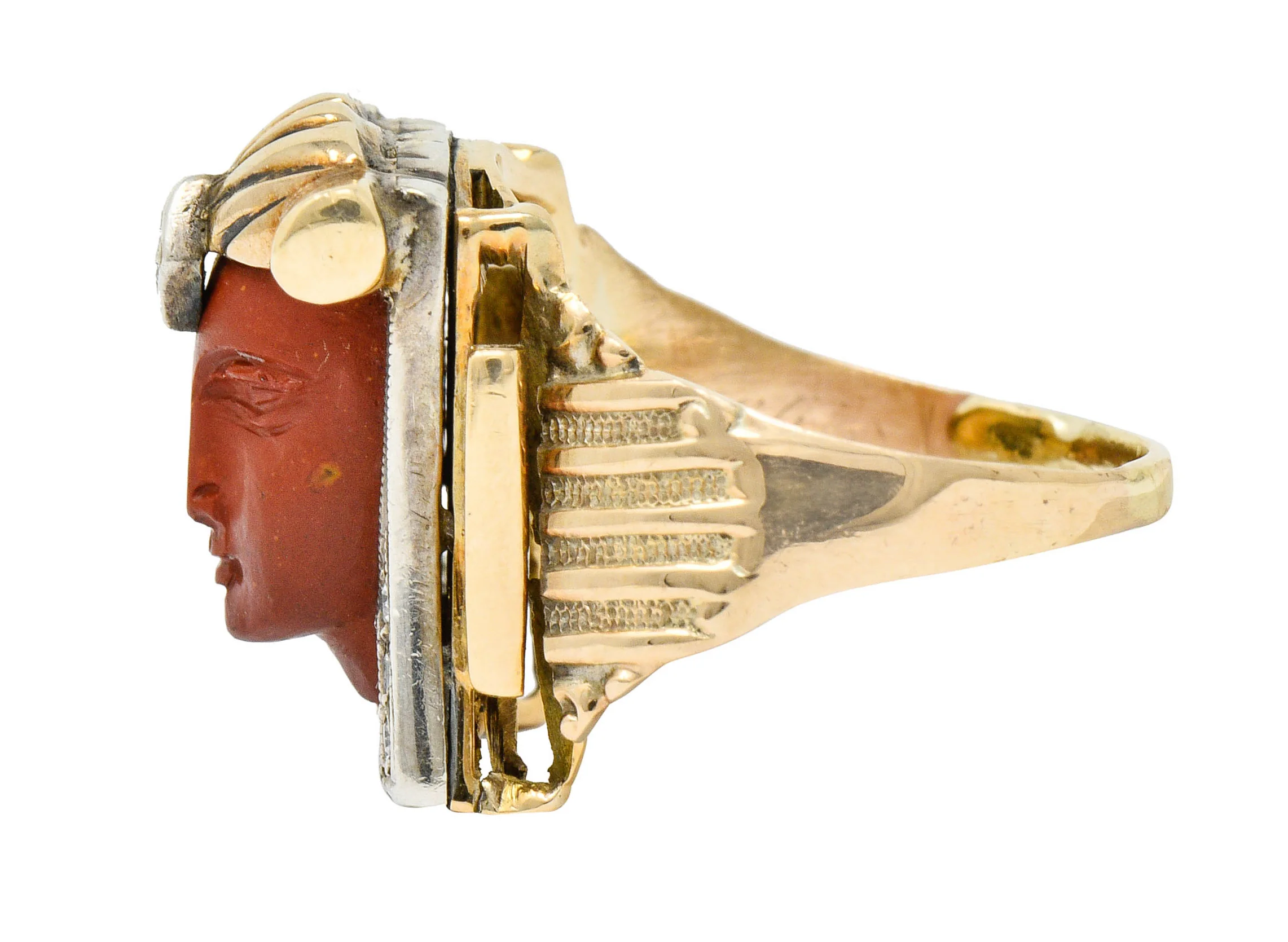1920's Egyptian Revival Diamond Jasper Platinum-Topped 14 Karat Gold Pharaoh Ring - Image 6