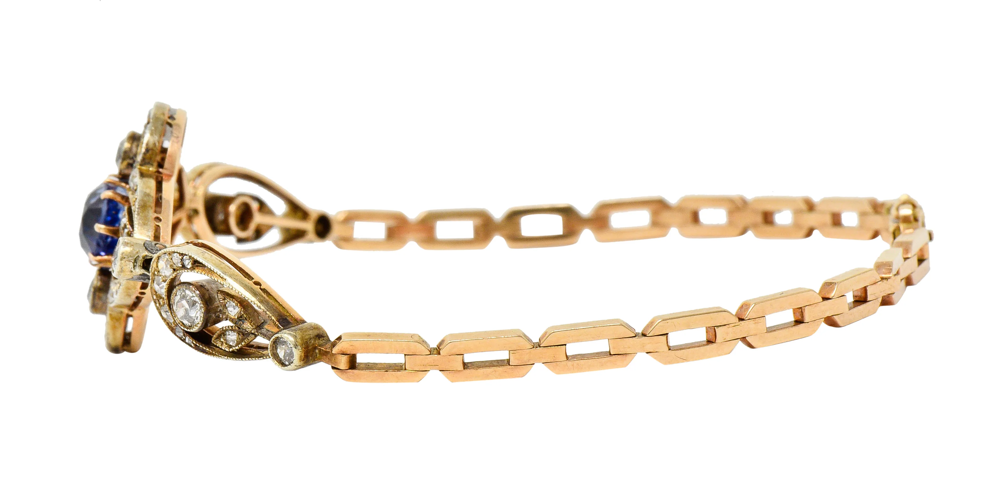1920's Russian 4.00 CTW No Heat Ceylon Sapphire Diamond 14 Karat Two-Tone Gold Bracelet GIA - Image 6