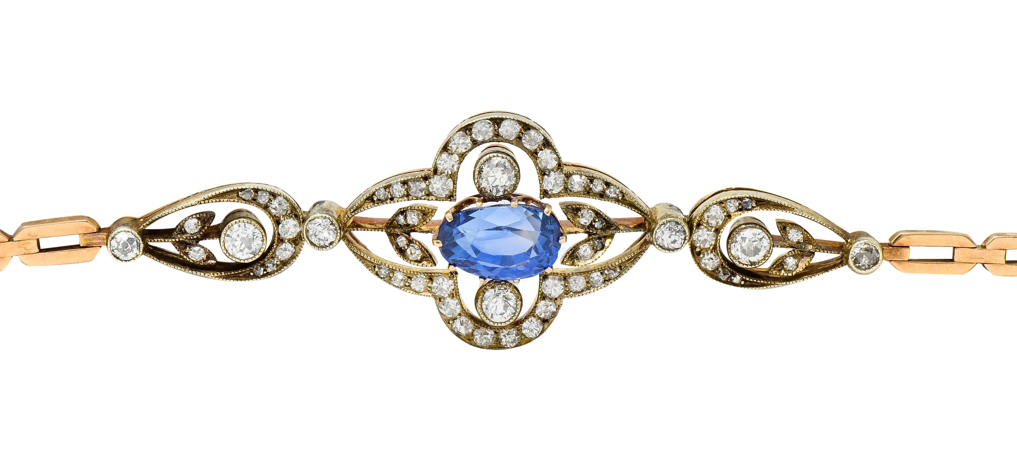 1920's Russian 4.00 CTW No Heat Ceylon Sapphire Diamond 14 Karat Two-Tone Gold Bracelet GIA - Image 8