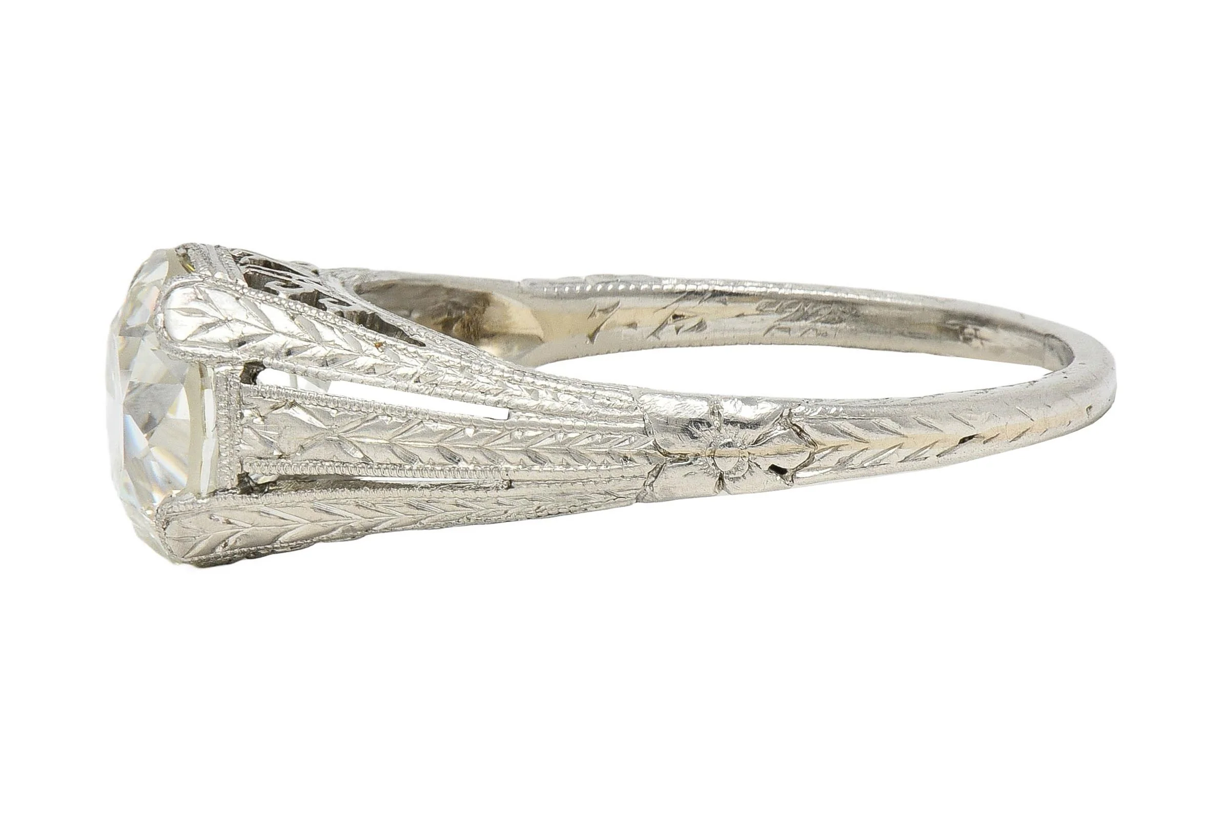 1922 Art Deco 1.79 CTW Old European Diamond Platinum Scrolled Lotus Antique Engagement Ring - Image 6