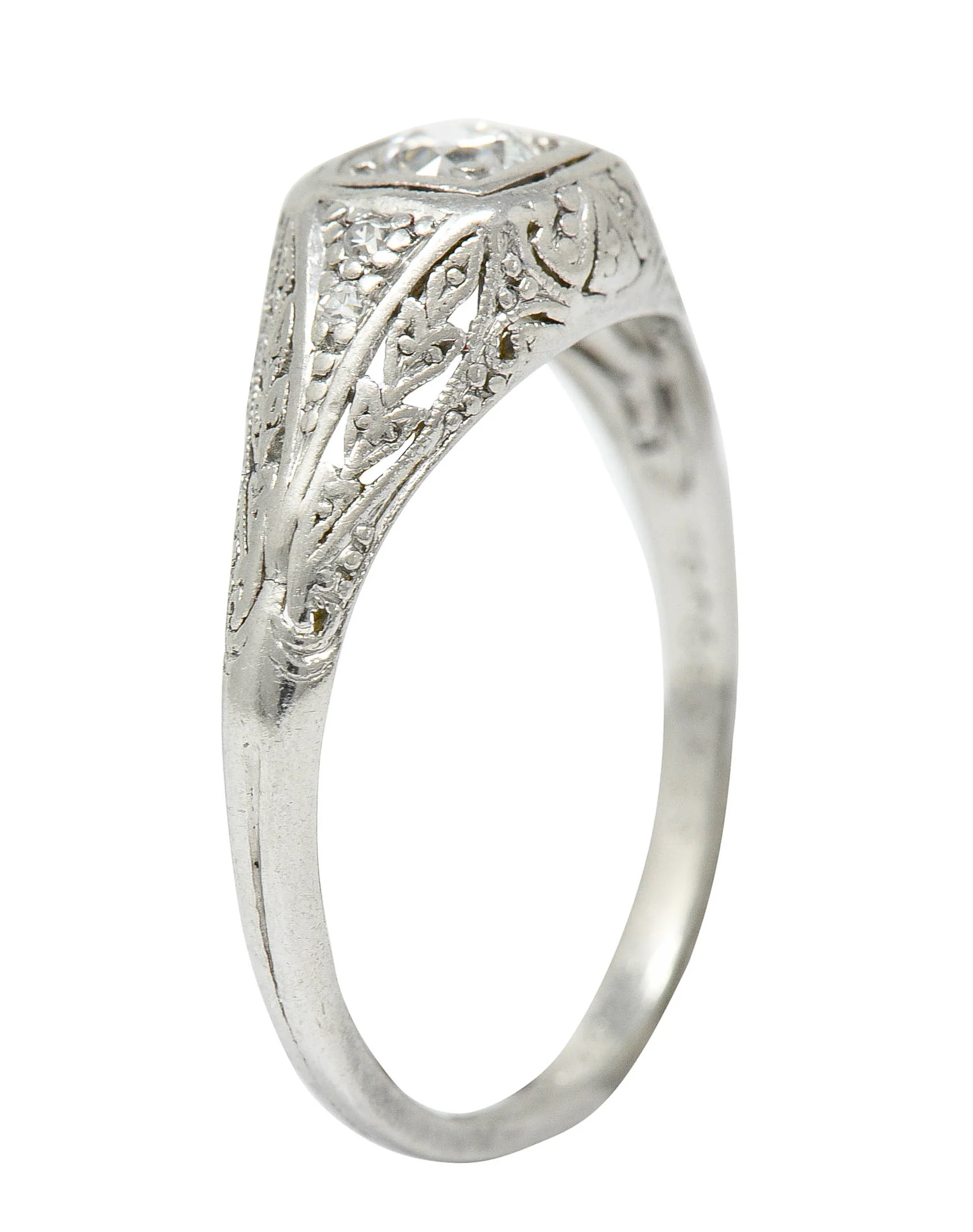 1925 Early Art Deco 0.32 CTW Diamond Platinum Foliate Engagement Ring - Image 11