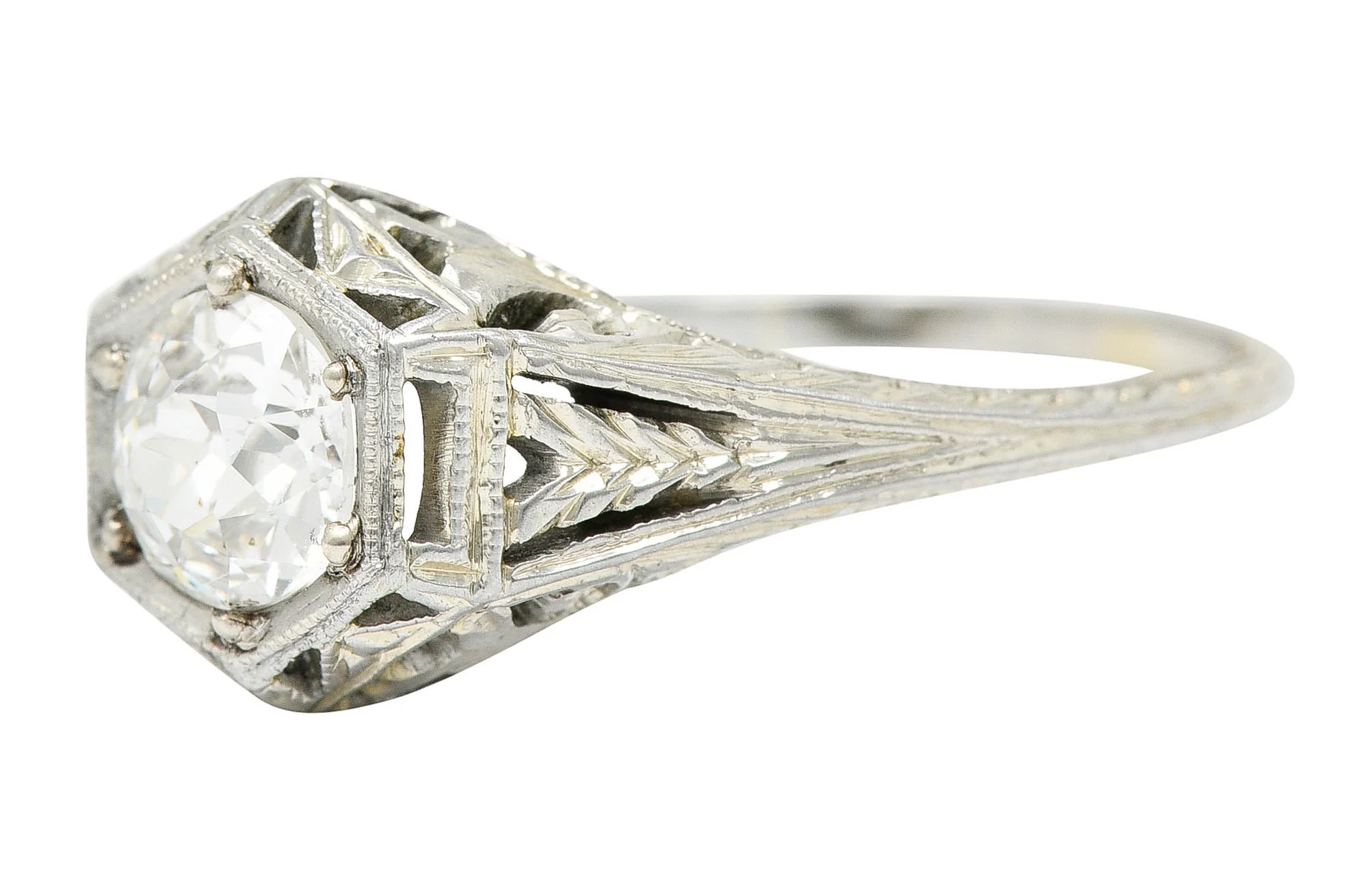 1926 Art Deco 0.76 CTW Diamond 18 Karat White Gold Hexagonal Engagement Ring - Image 7