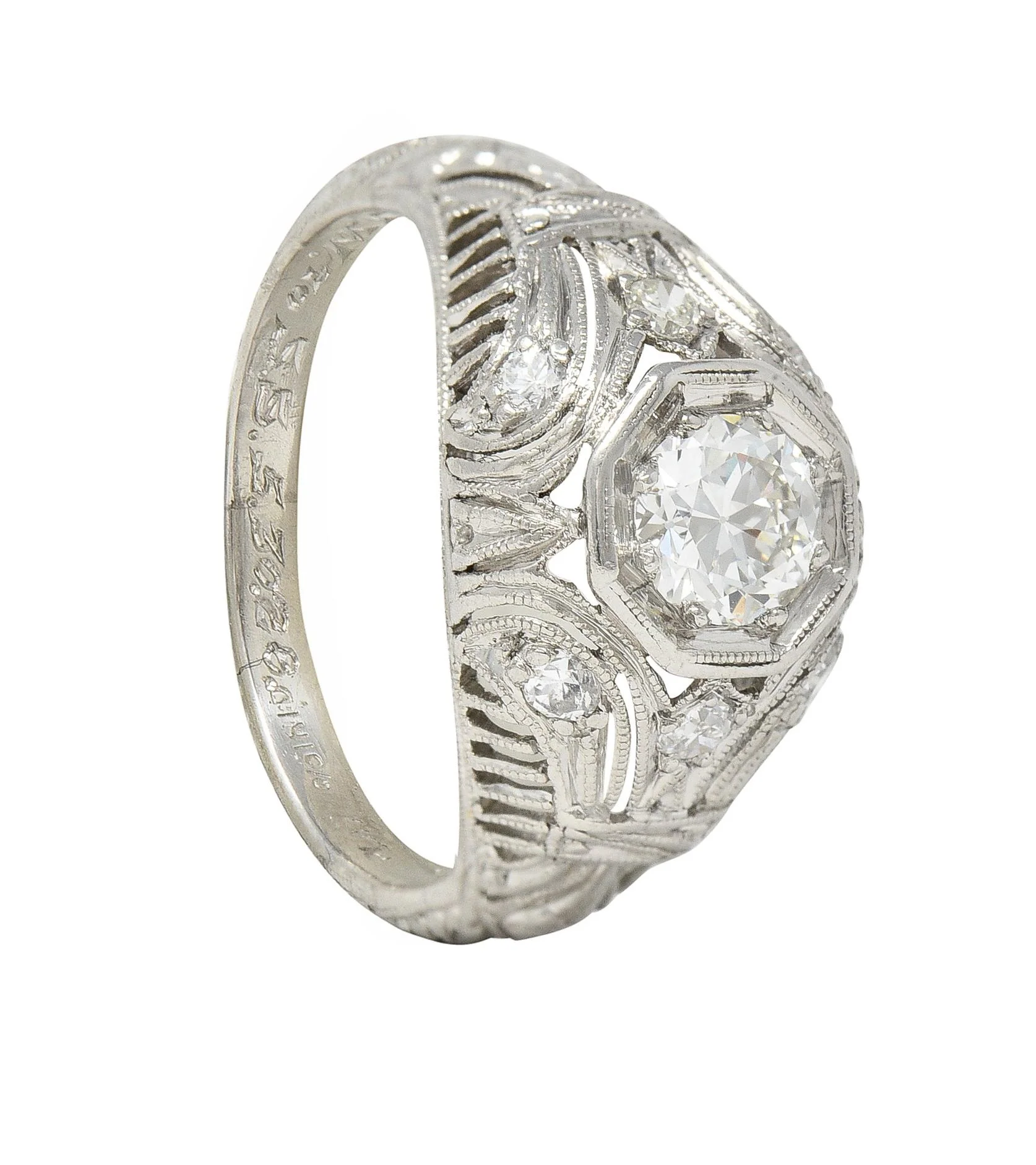1928 Art Deco 0.56 CTW Old European Diamond Platinum Fleur-De-Lis Vintage Engagement Ring - Image 14