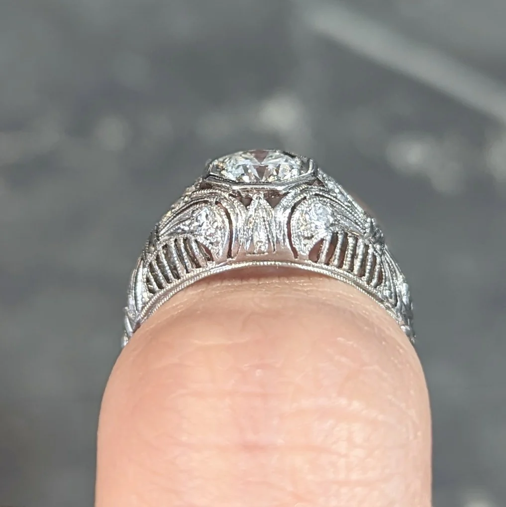 1928 Art Deco 0.56 CTW Old European Diamond Platinum Fleur-De-Lis Vintage Engagement Ring - Image 16
