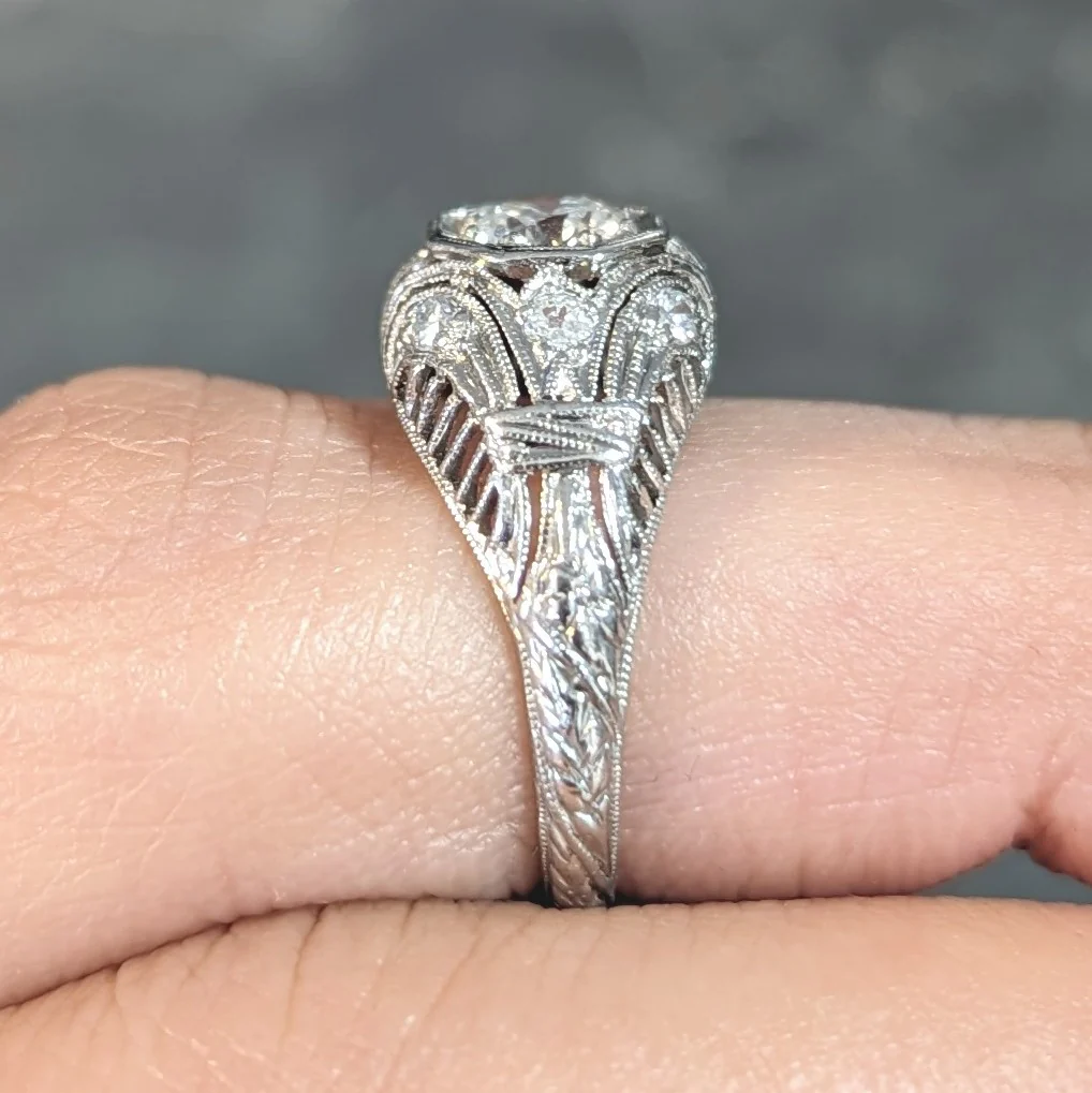 1928 Art Deco 0.56 CTW Old European Diamond Platinum Fleur-De-Lis Vintage Engagement Ring - Image 17