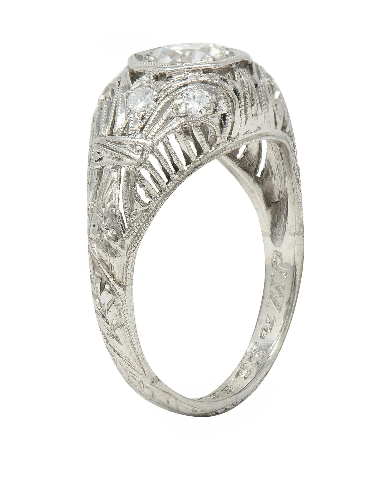 1928 Art Deco 0.56 CTW Old European Diamond Platinum Fleur-De-Lis Vintage Engagement Ring - Image 2