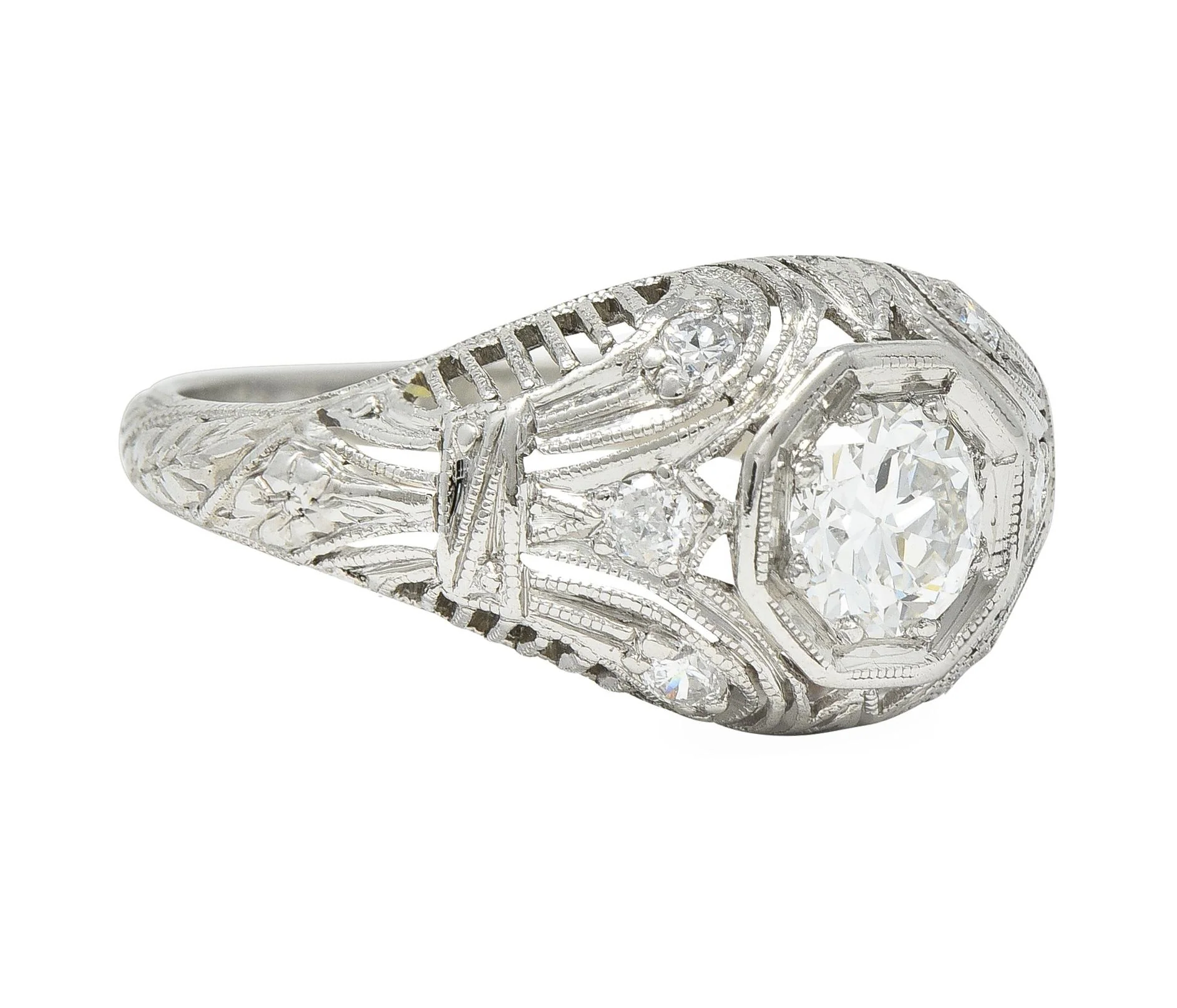 1928 Art Deco 0.56 CTW Old European Diamond Platinum Fleur-De-Lis Vintage Engagement Ring - Image 3