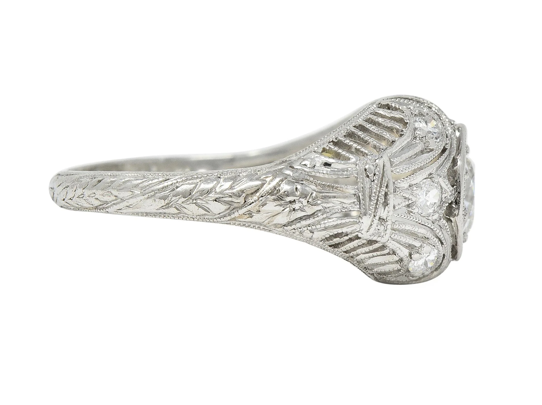 1928 Art Deco 0.56 CTW Old European Diamond Platinum Fleur-De-Lis Vintage Engagement Ring - Image 4