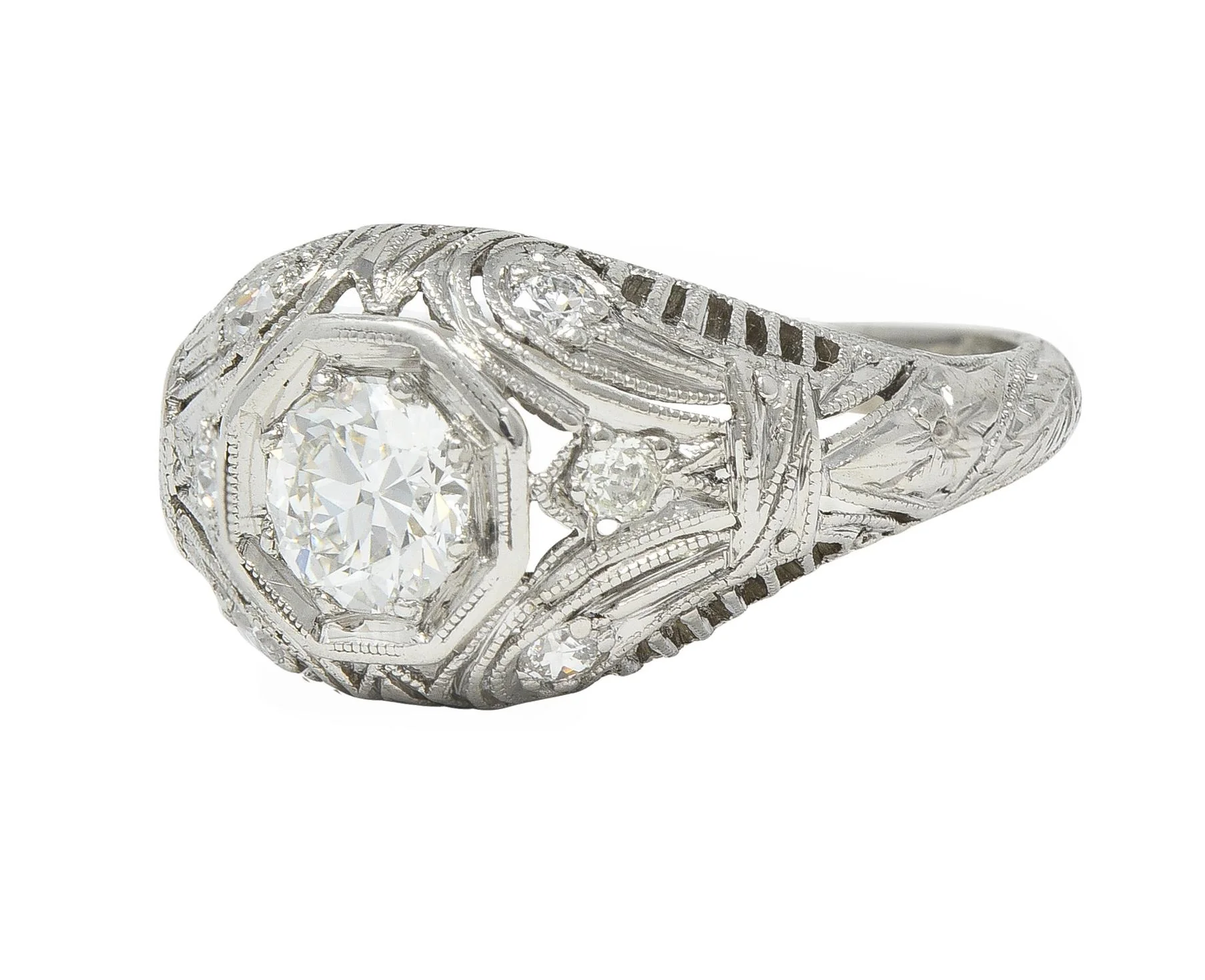 1928 Art Deco 0.56 CTW Old European Diamond Platinum Fleur-De-Lis Vintage Engagement Ring - Image 7