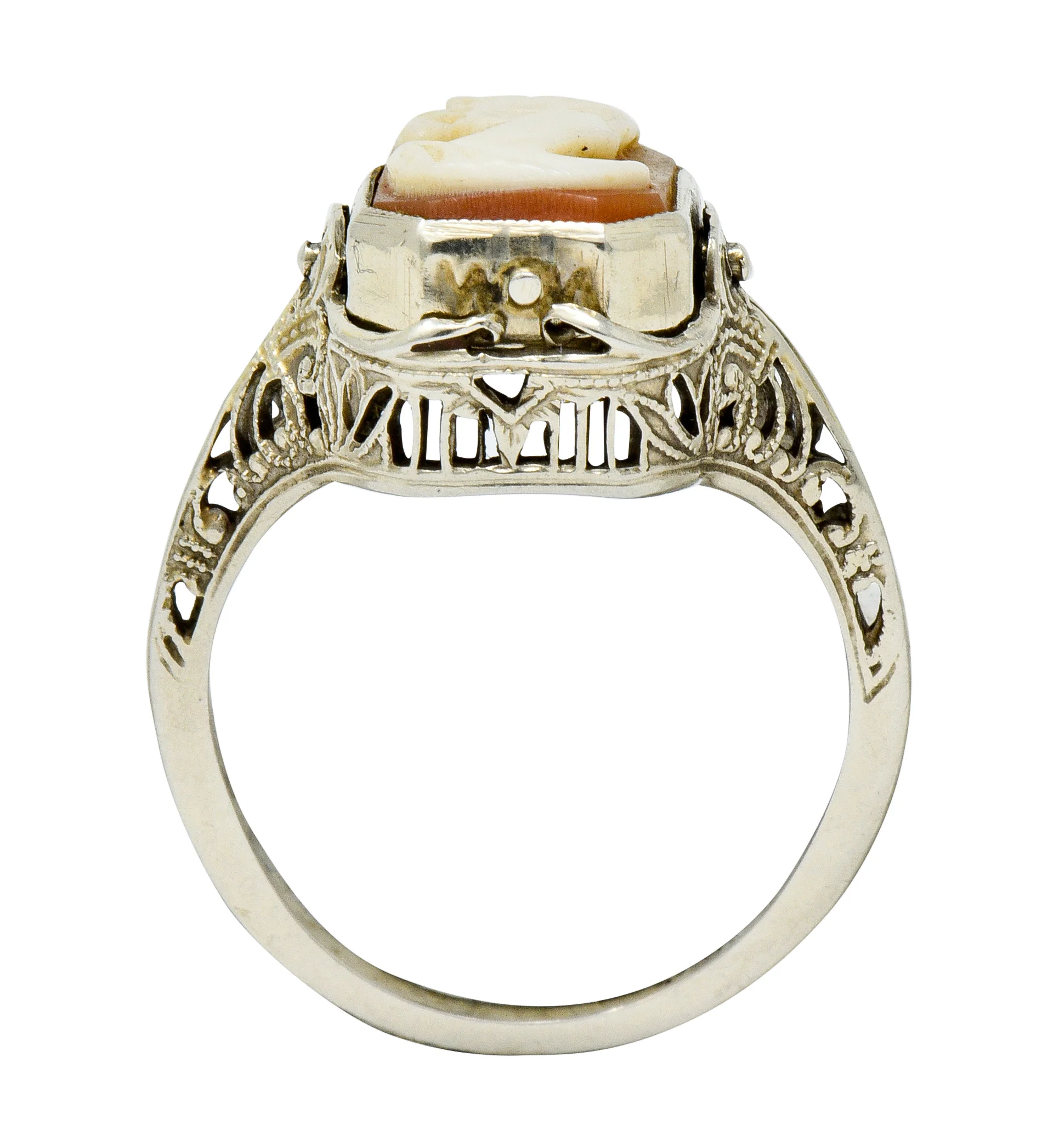 1929 Art Deco Onyx Shell Cameo 14 Karat White Gold Date Flip Ring - Image 12