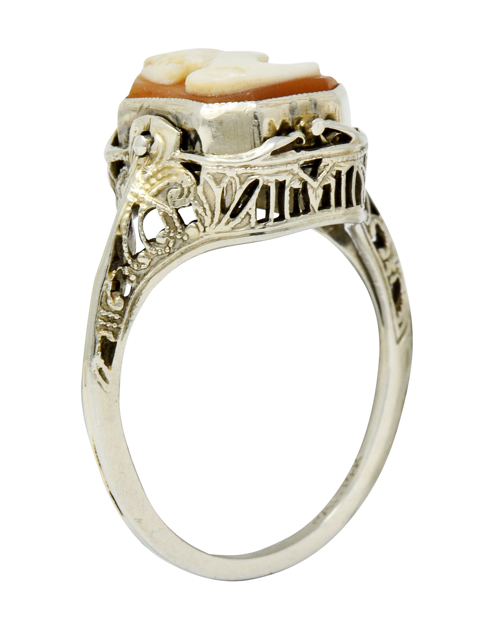 1929 Art Deco Onyx Shell Cameo 14 Karat White Gold Date Flip Ring - Image 13