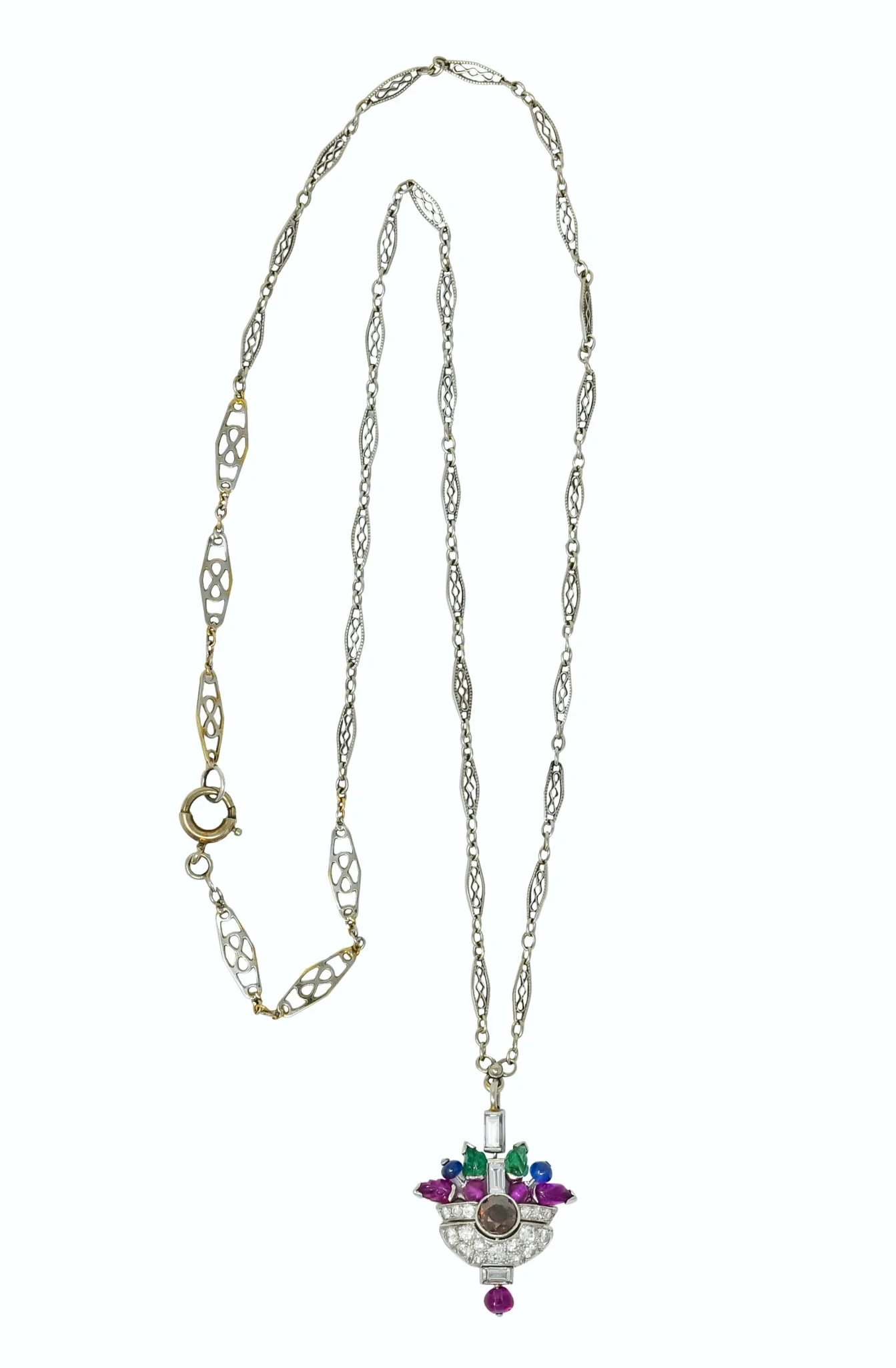 1930's Art Deco 1.20 CTW Diamond Sapphire Emerald Ruby Platinum Tutti Frutti Pendant Necklace - Image 8