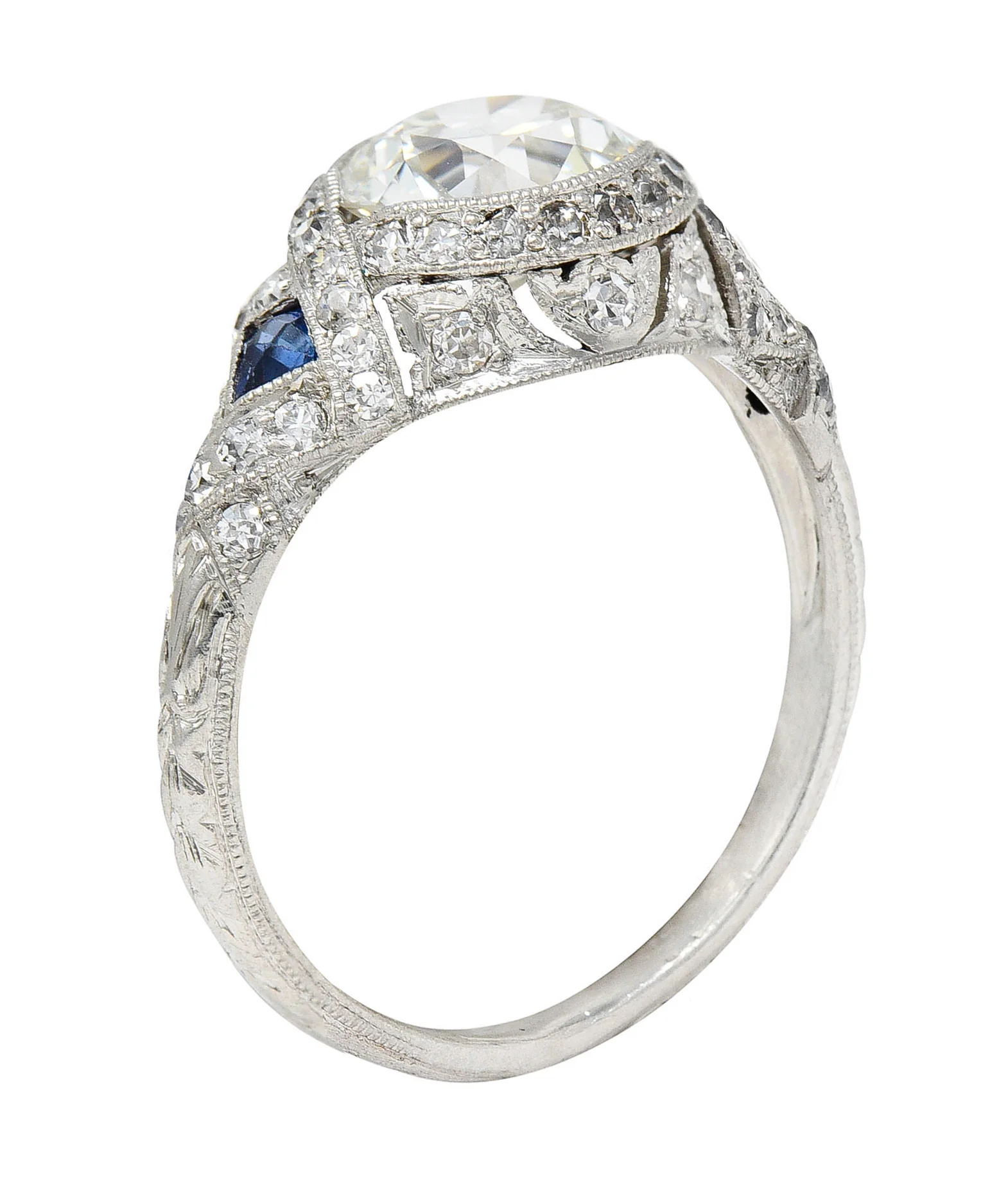 1930's Art Deco 2.57 CTW Diamond Sapphire Platinum Engagement Ring - Image 2