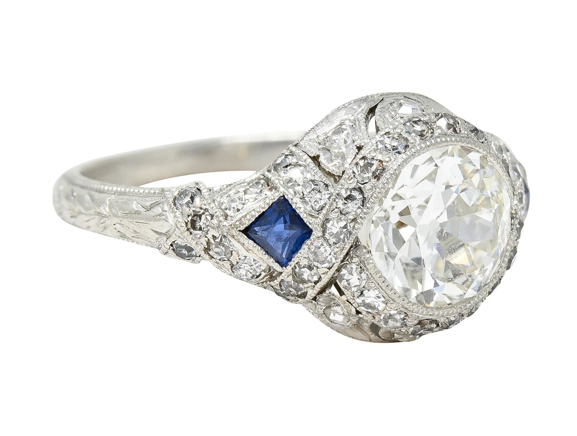 1930's Art Deco 2.57 CTW Diamond Sapphire Platinum Engagement Ring - Image 3