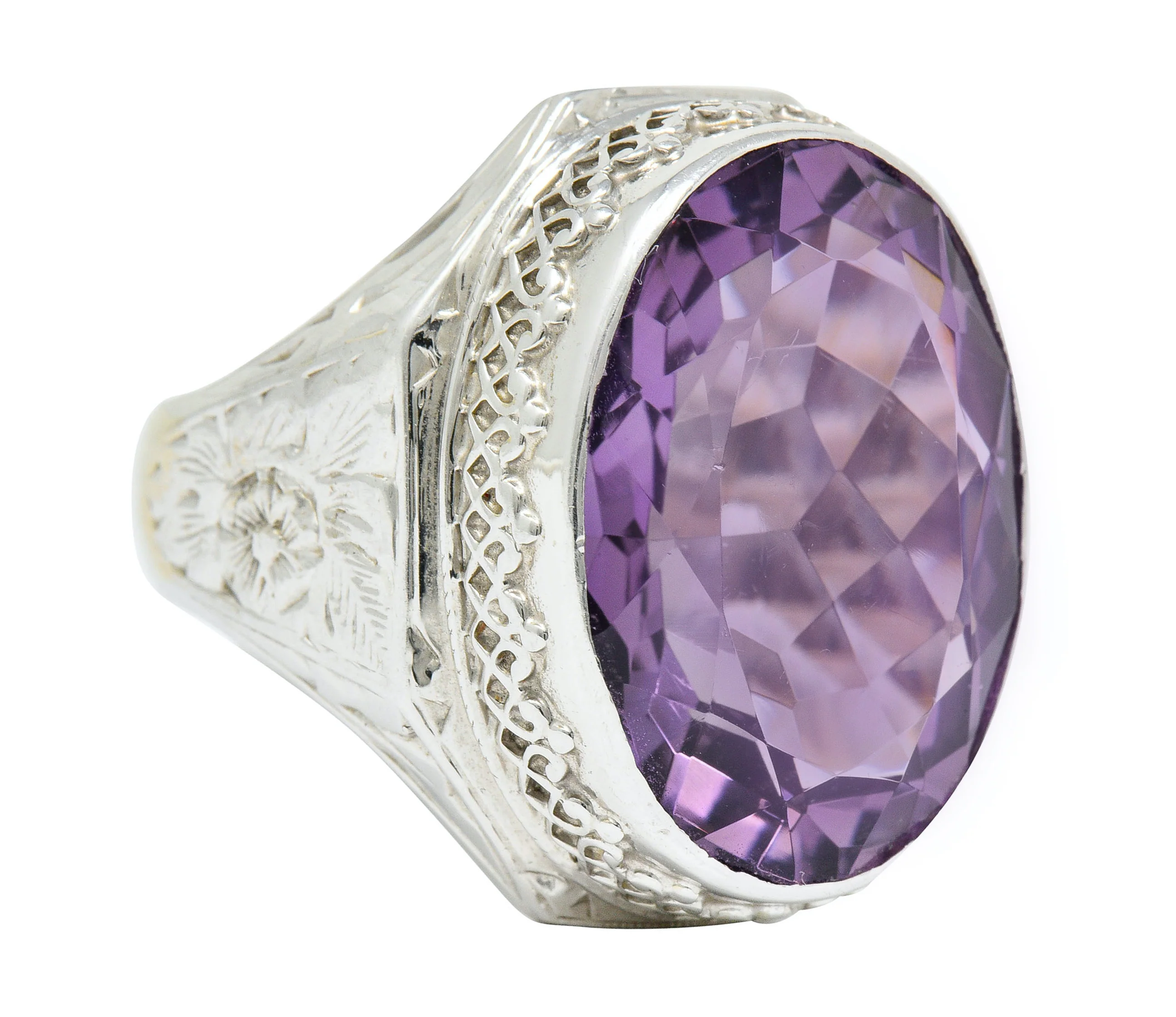 1930's Art Deco Amethyst 14 Karat White Gold Statement Ring