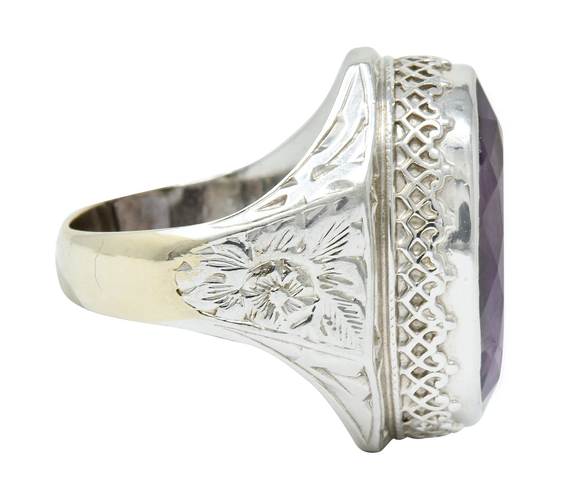 1930's Art Deco Amethyst 14 Karat White Gold Statement Ring - Image 2