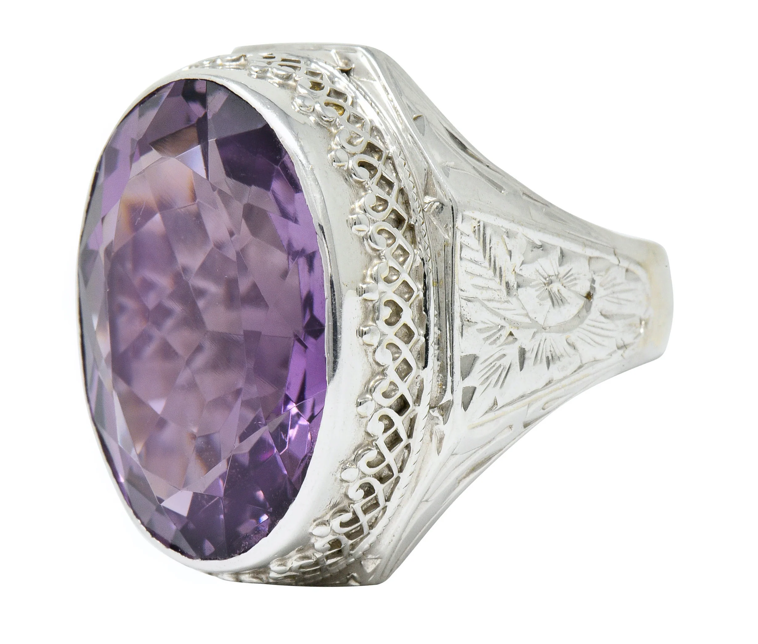 1930's Art Deco Amethyst 14 Karat White Gold Statement Ring - Image 5