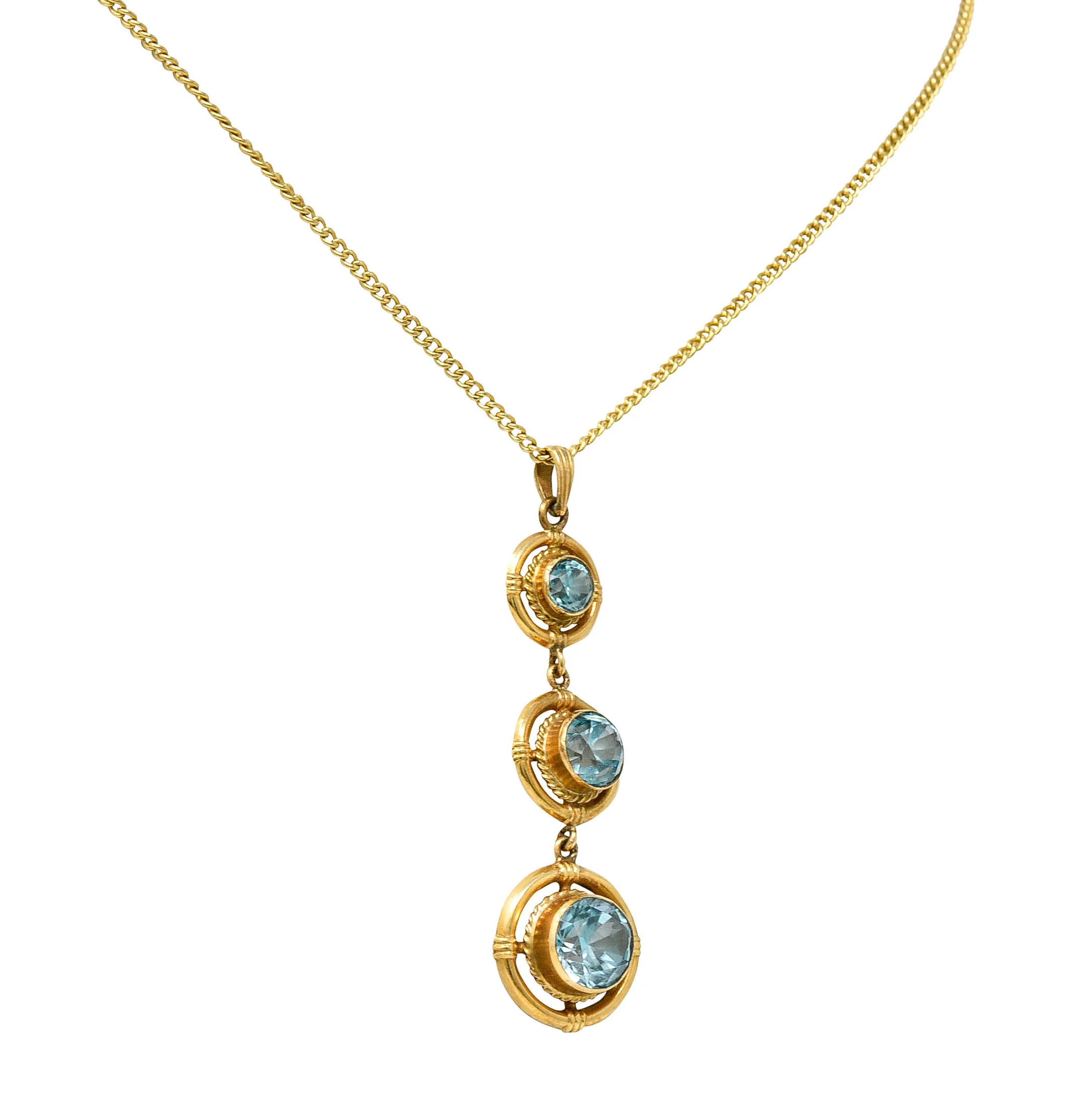 1930's Art Deco Blue Zircon 10 Karat Gold Drop Pendant Necklace - Image 3