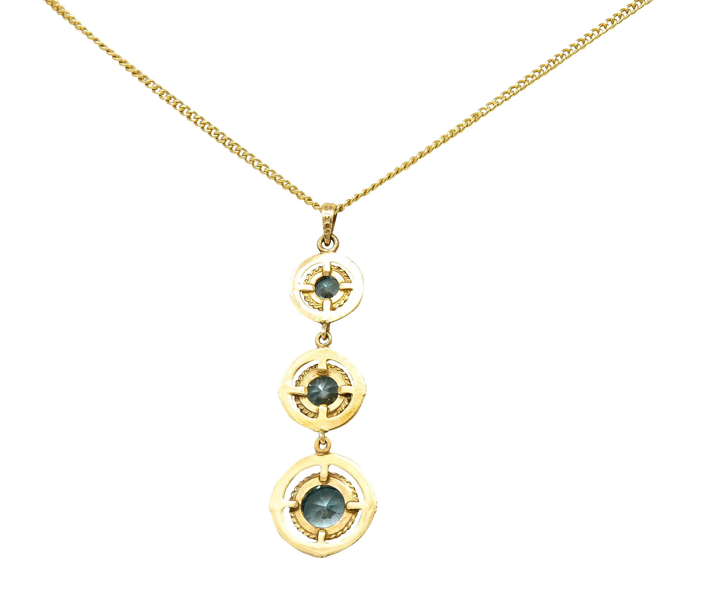 1930's Art Deco Blue Zircon 10 Karat Gold Drop Pendant Necklace - Image 4