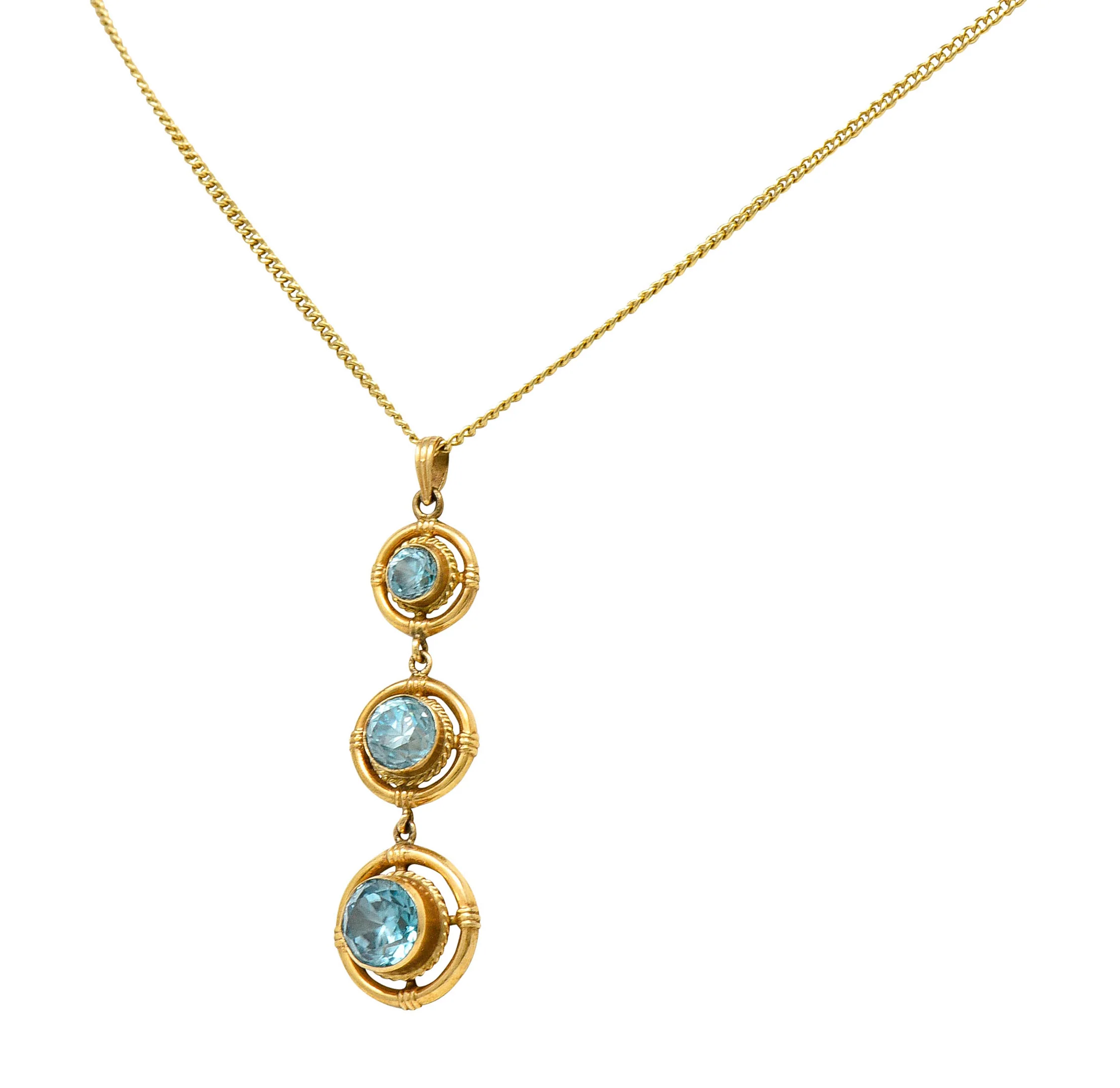 1930's Art Deco Blue Zircon 10 Karat Gold Drop Pendant Necklace - Image 5