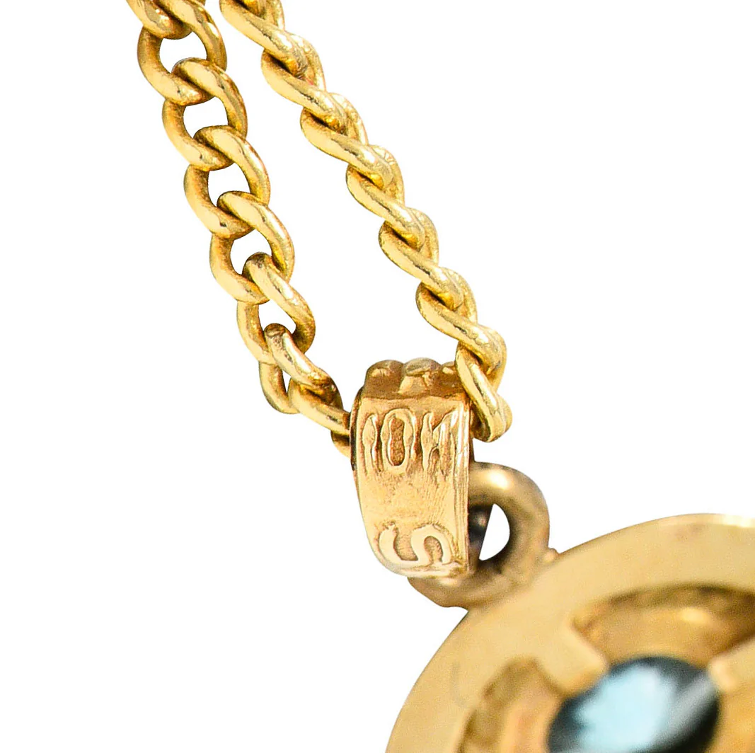 1930's Art Deco Blue Zircon 10 Karat Gold Drop Pendant Necklace - Image 6