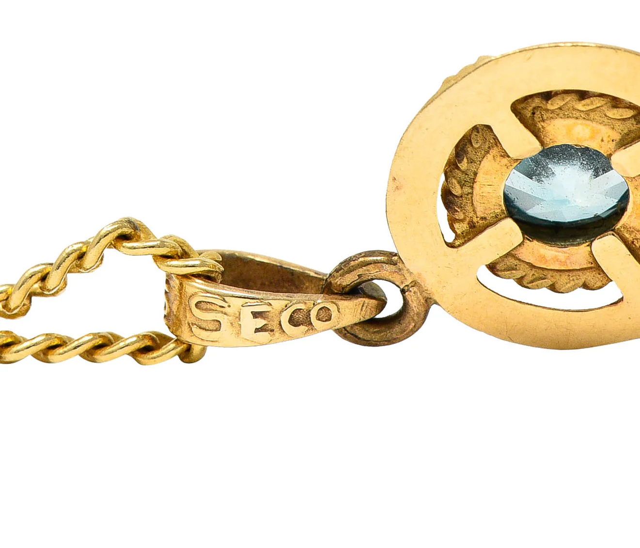 1930's Art Deco Blue Zircon 10 Karat Gold Drop Pendant Necklace - Image 8